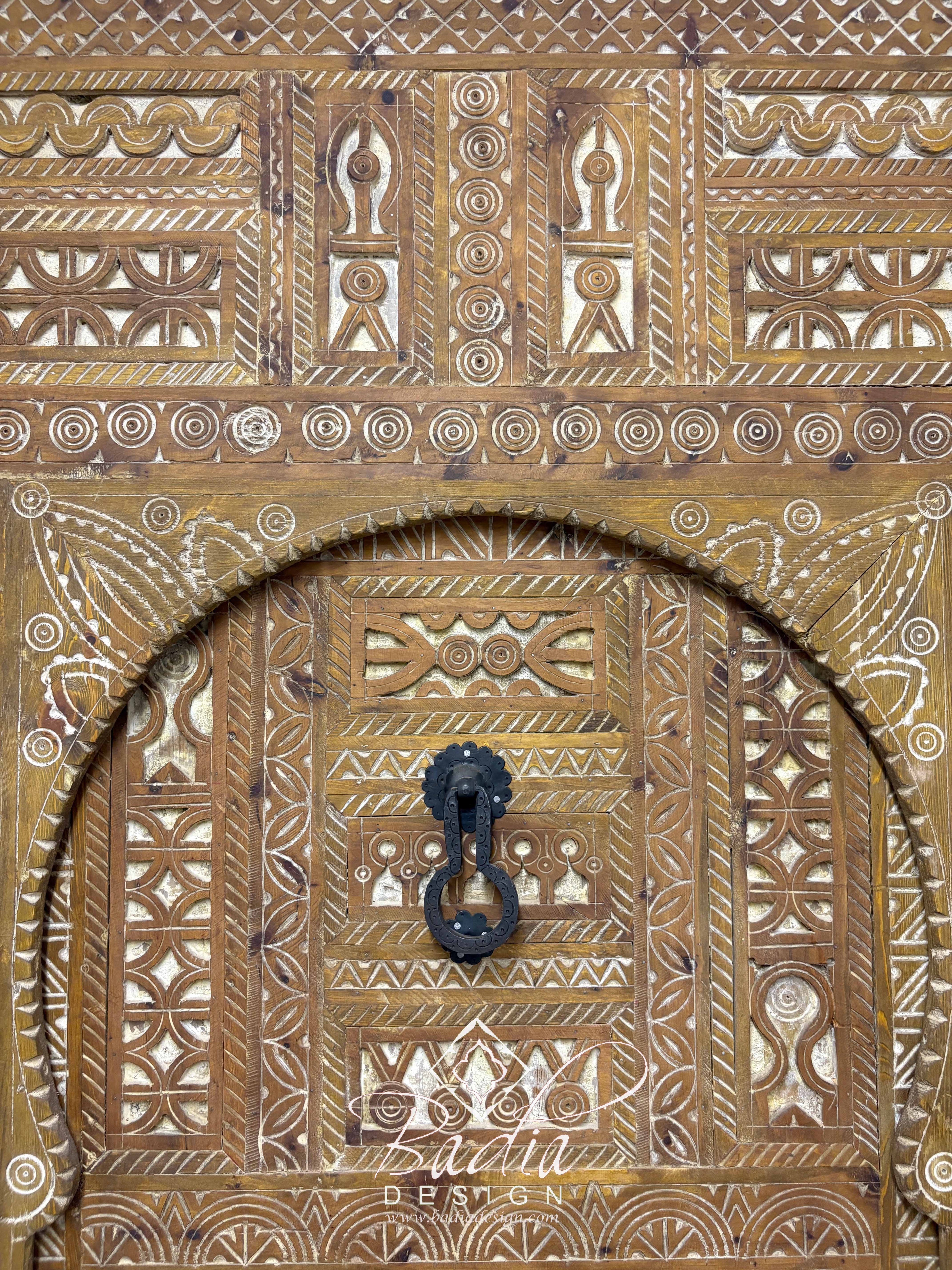 Large Wooden Door with Hand Carved Geometric Designs