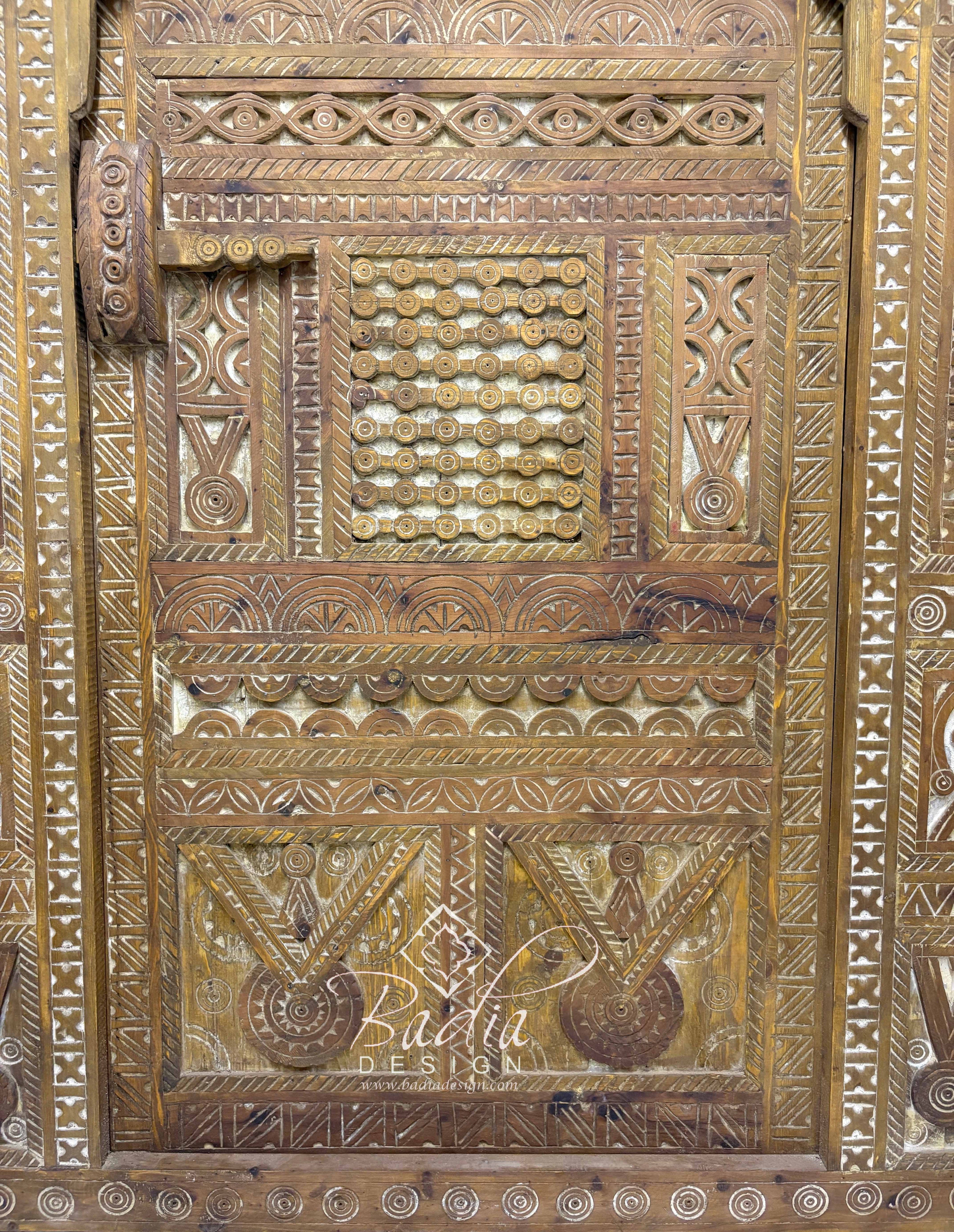Large Wooden Door with Hand Carved Geometric Designs