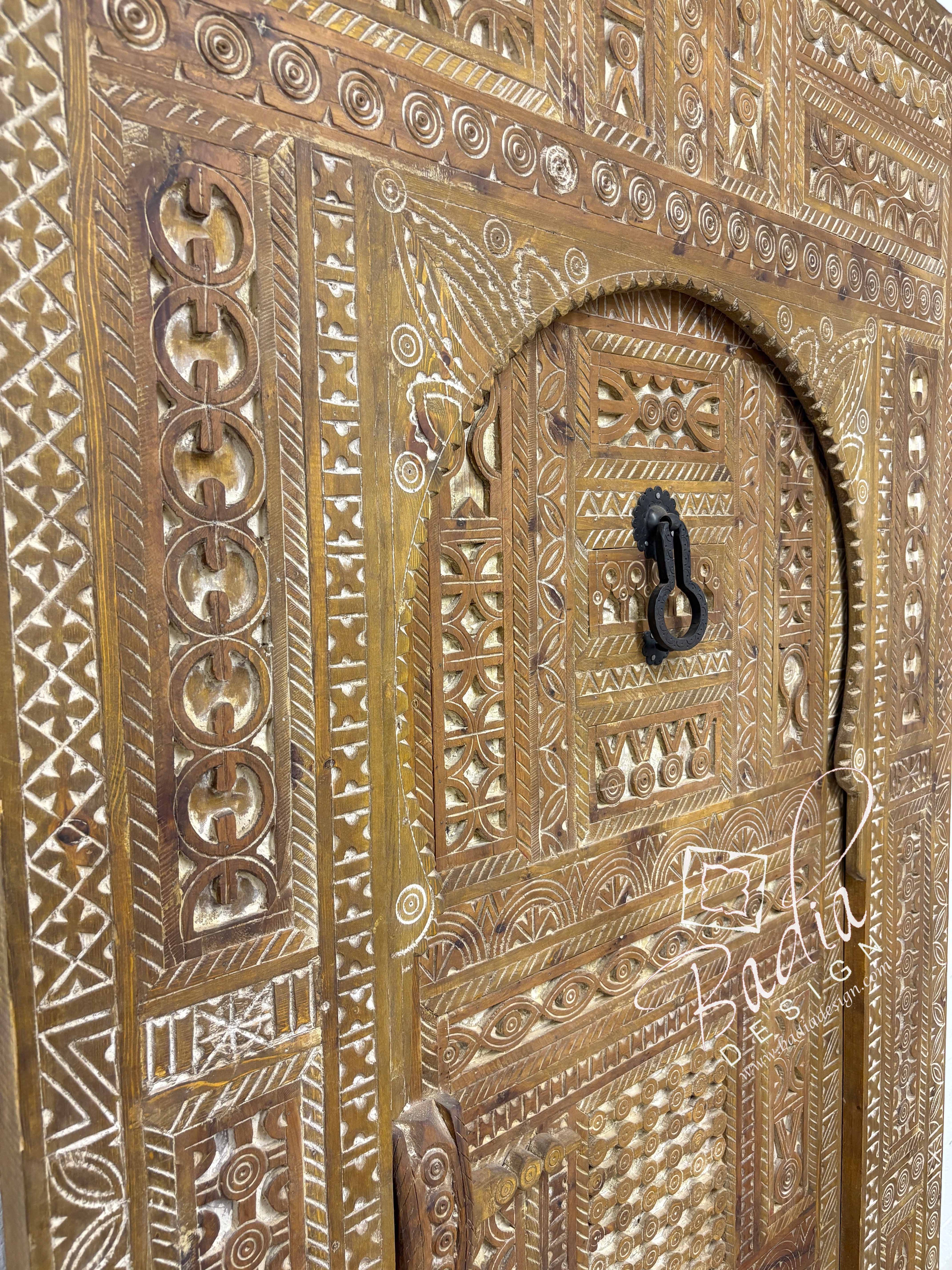 Large Wooden Door with Hand Carved Geometric Designs