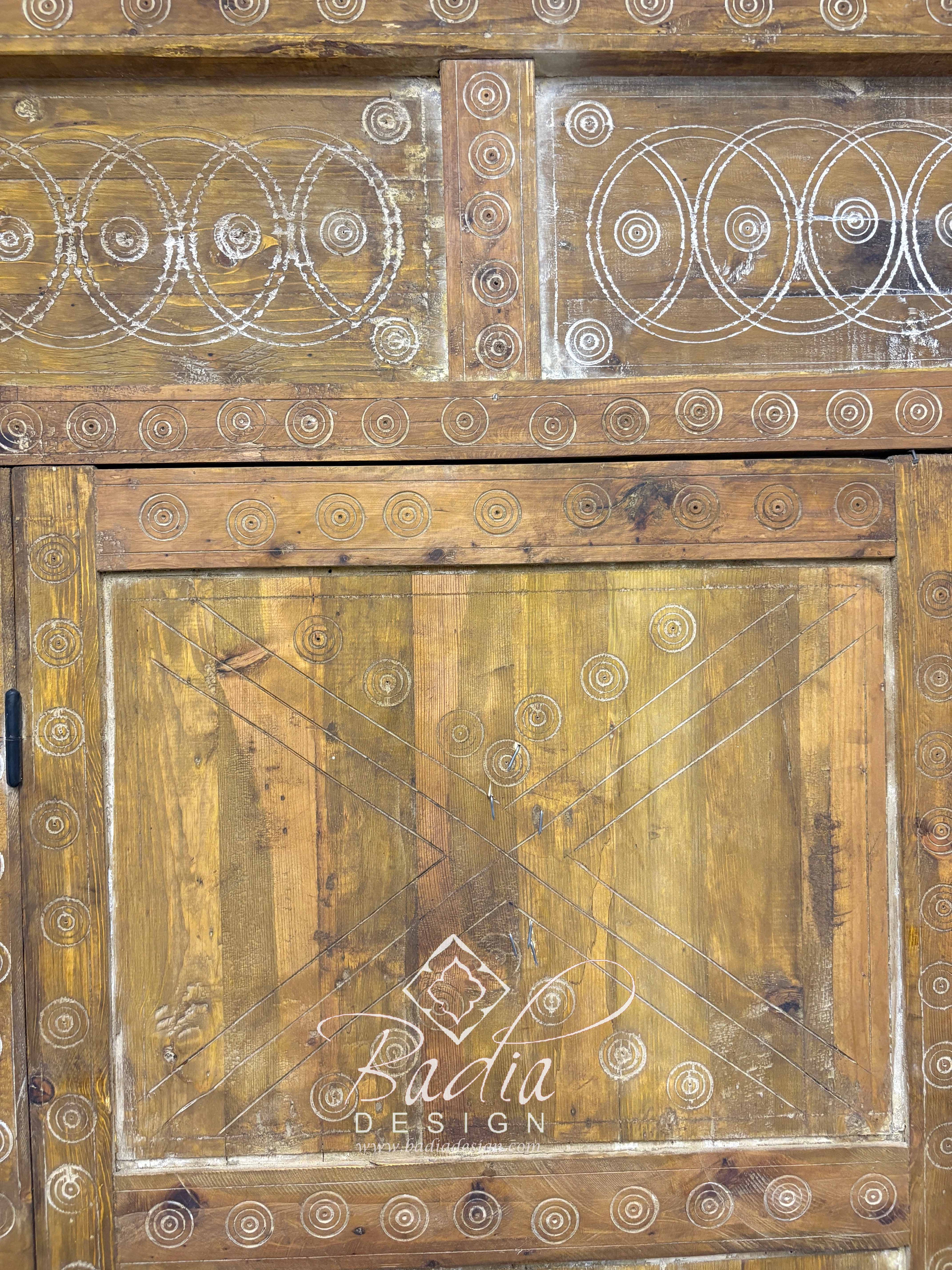 Large Wooden Door with Hand Carved Geometric Designs