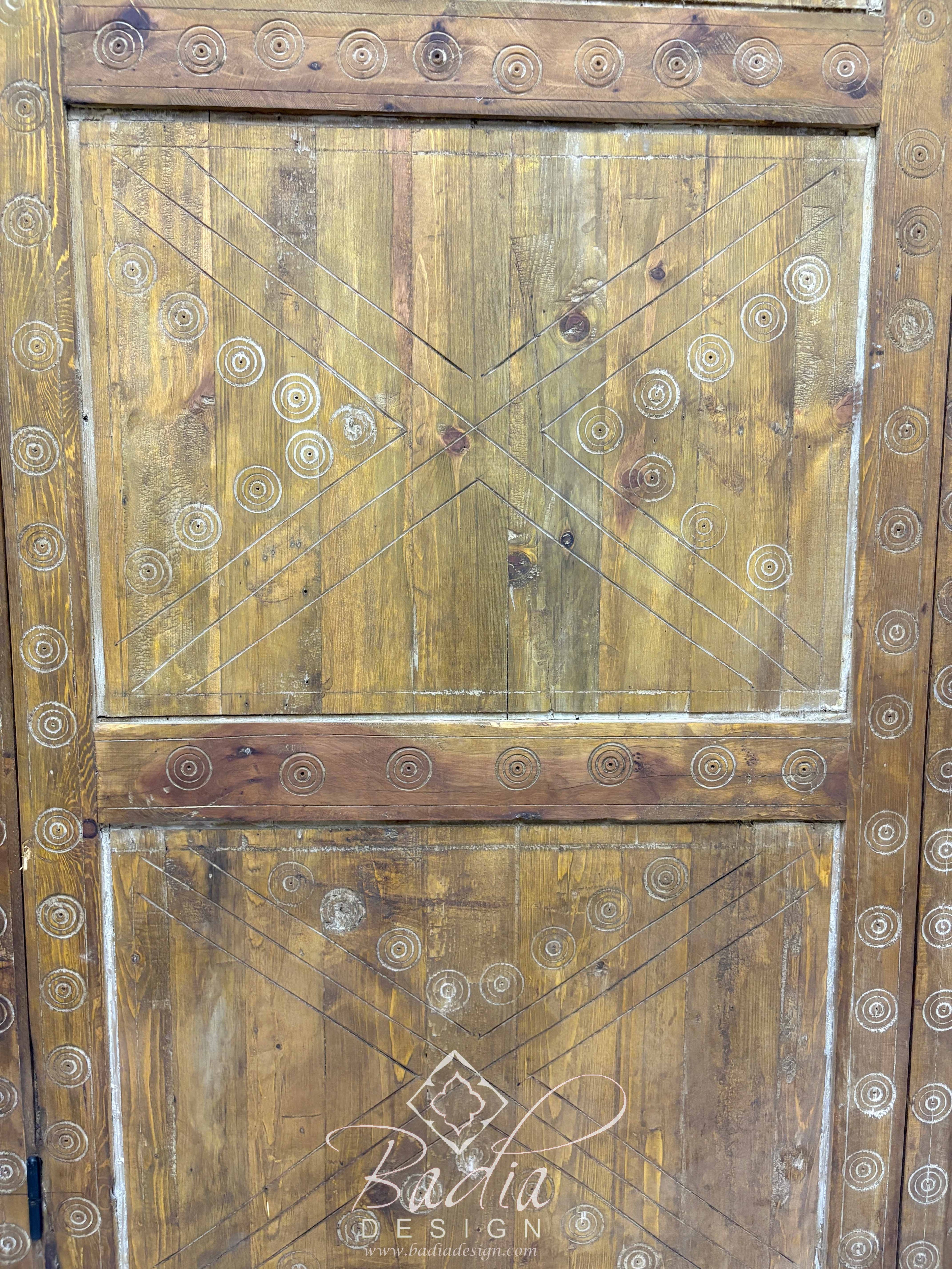Large Wooden Door with Hand Carved Geometric Designs