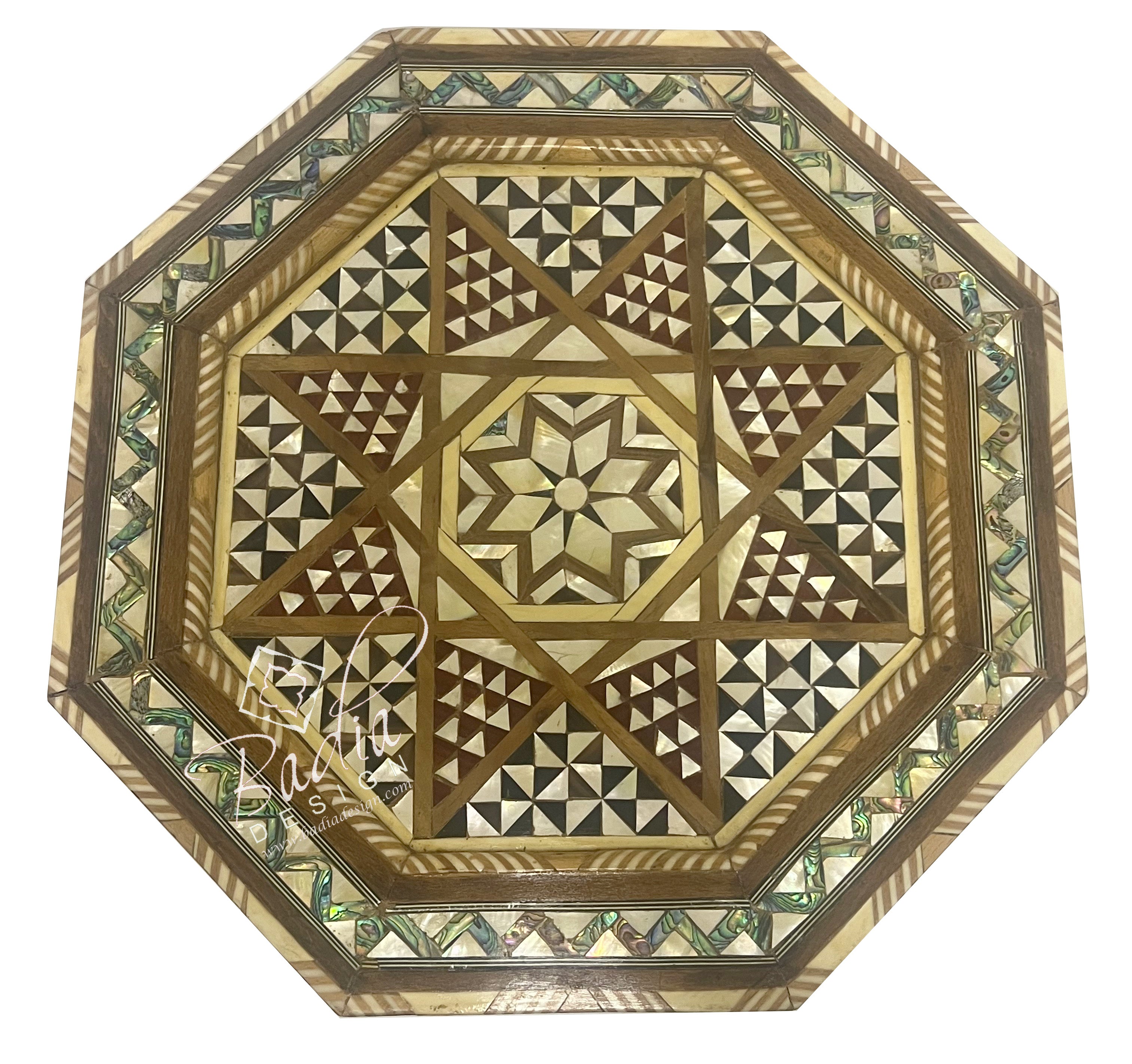 Decorative wooden table top with geometric pattern on a white background