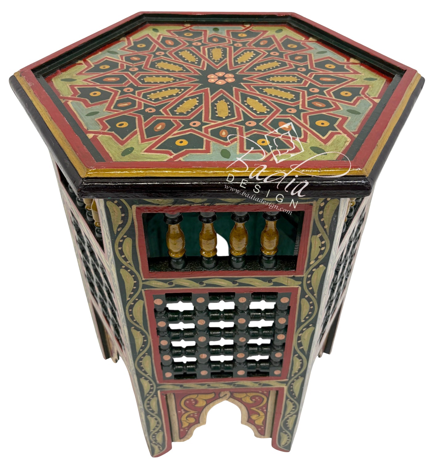 Decorative Moroccan Hand Painted Side Tables with Moucharabieh Wood Design
