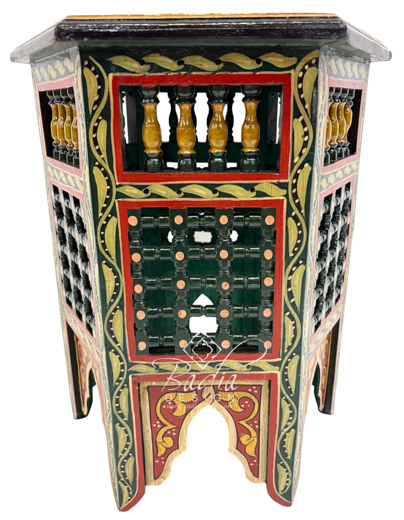 Decorative Moroccan Hand Painted Side Tables with Moucharabieh Wood Design green base color