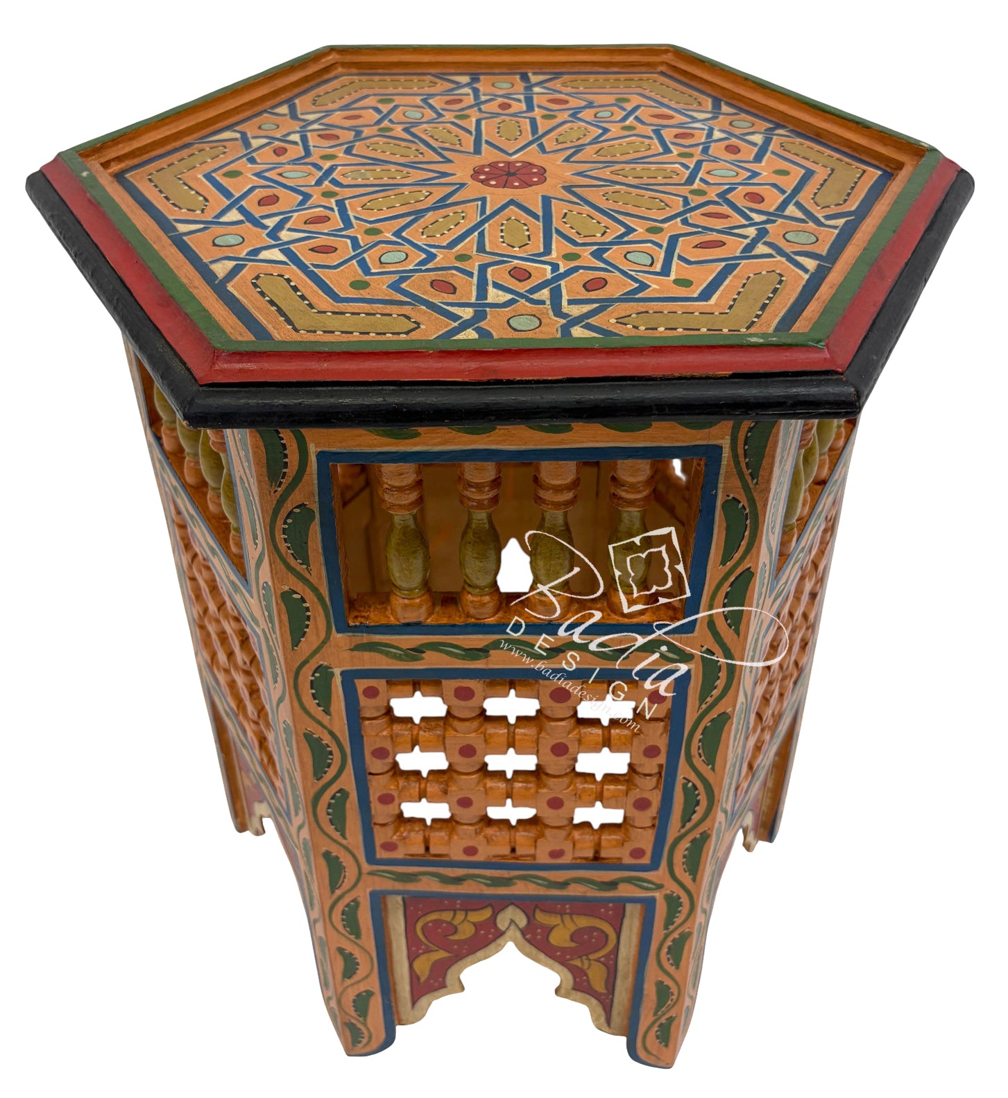 Decorative Moroccan Hand Painted Side Tables with Moucharabieh Wood Design orange base color