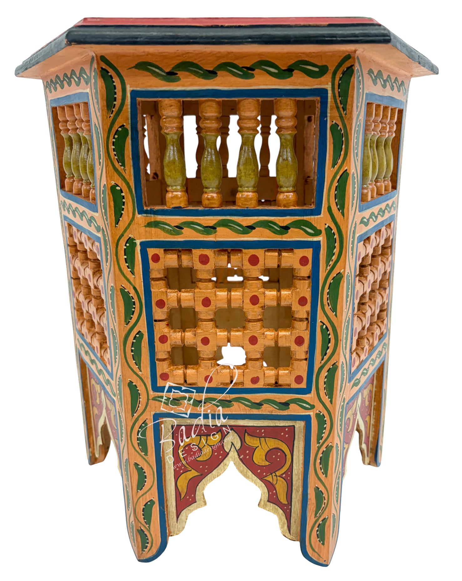 Decorative Moroccan Hand Painted Side Tables with Moucharabieh Wood Design frontal view