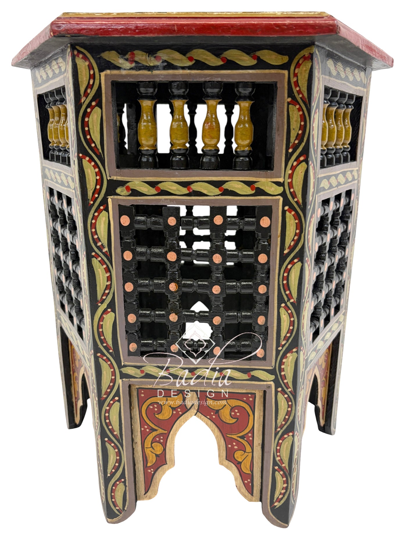 Decorative Moroccan Hand Painted Side Tables with Moucharabieh Wood Design frontal view