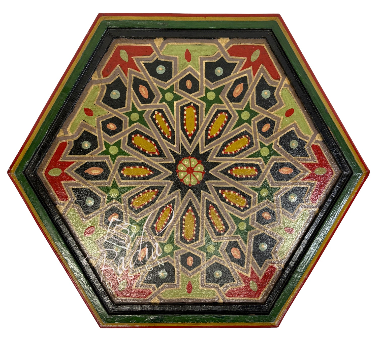Decorative Moroccan Hand Painted Side Tables with Moucharabieh Wood Design green multi-color frontal view