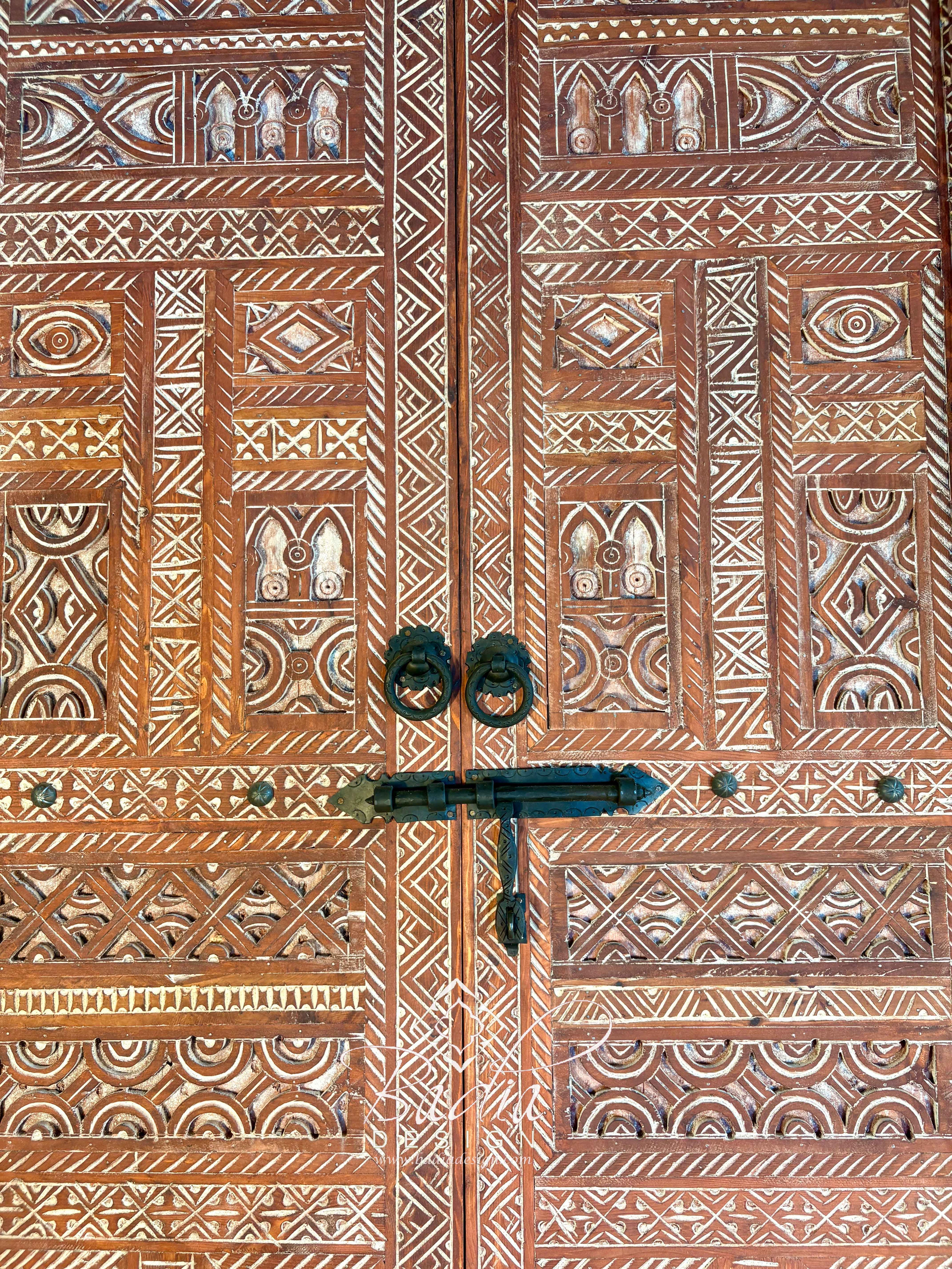 Hand Carved Wooden Double Door with Geometric Detail