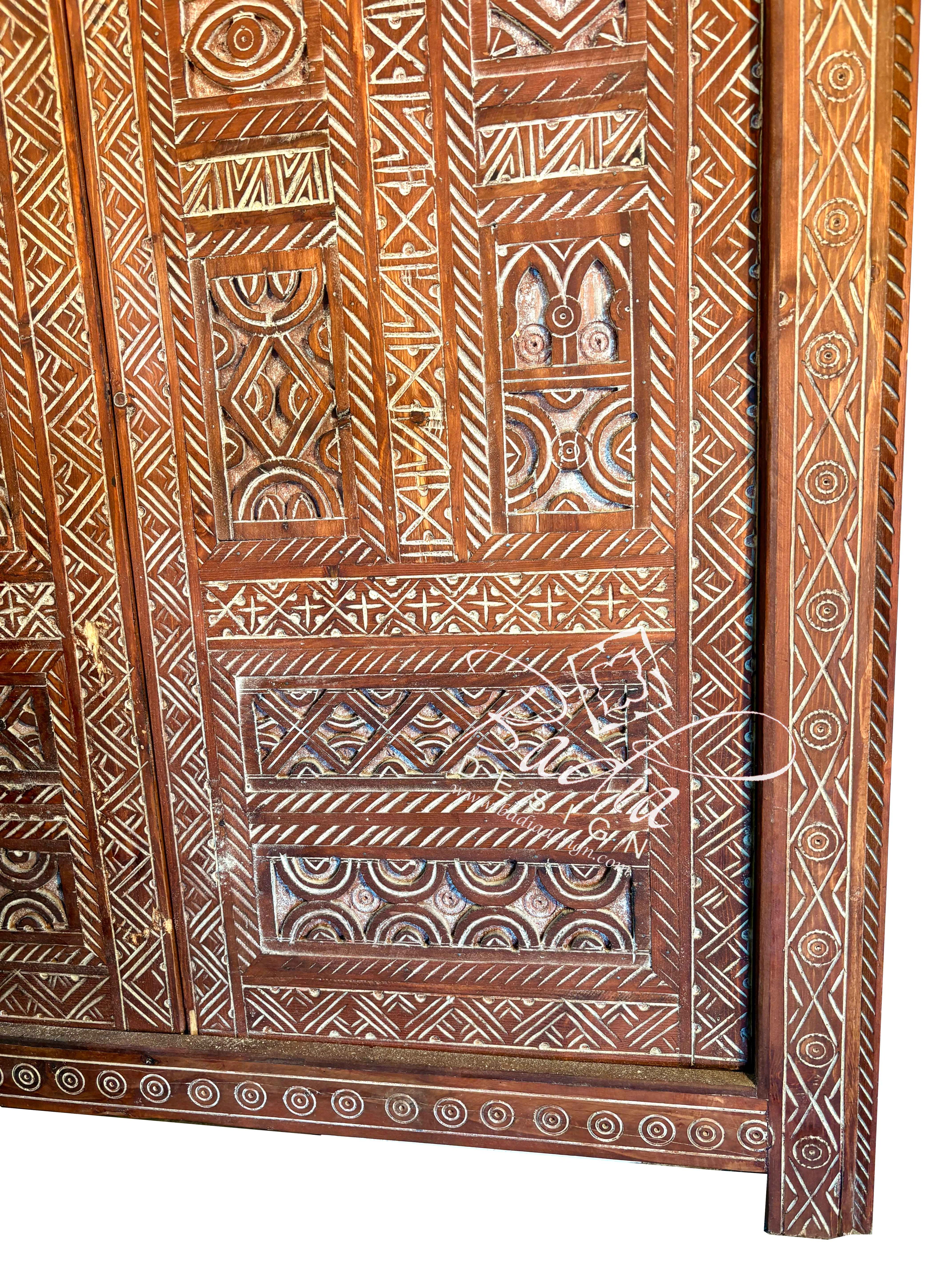 Hand Carved Wooden Double Door with Geometric Detail