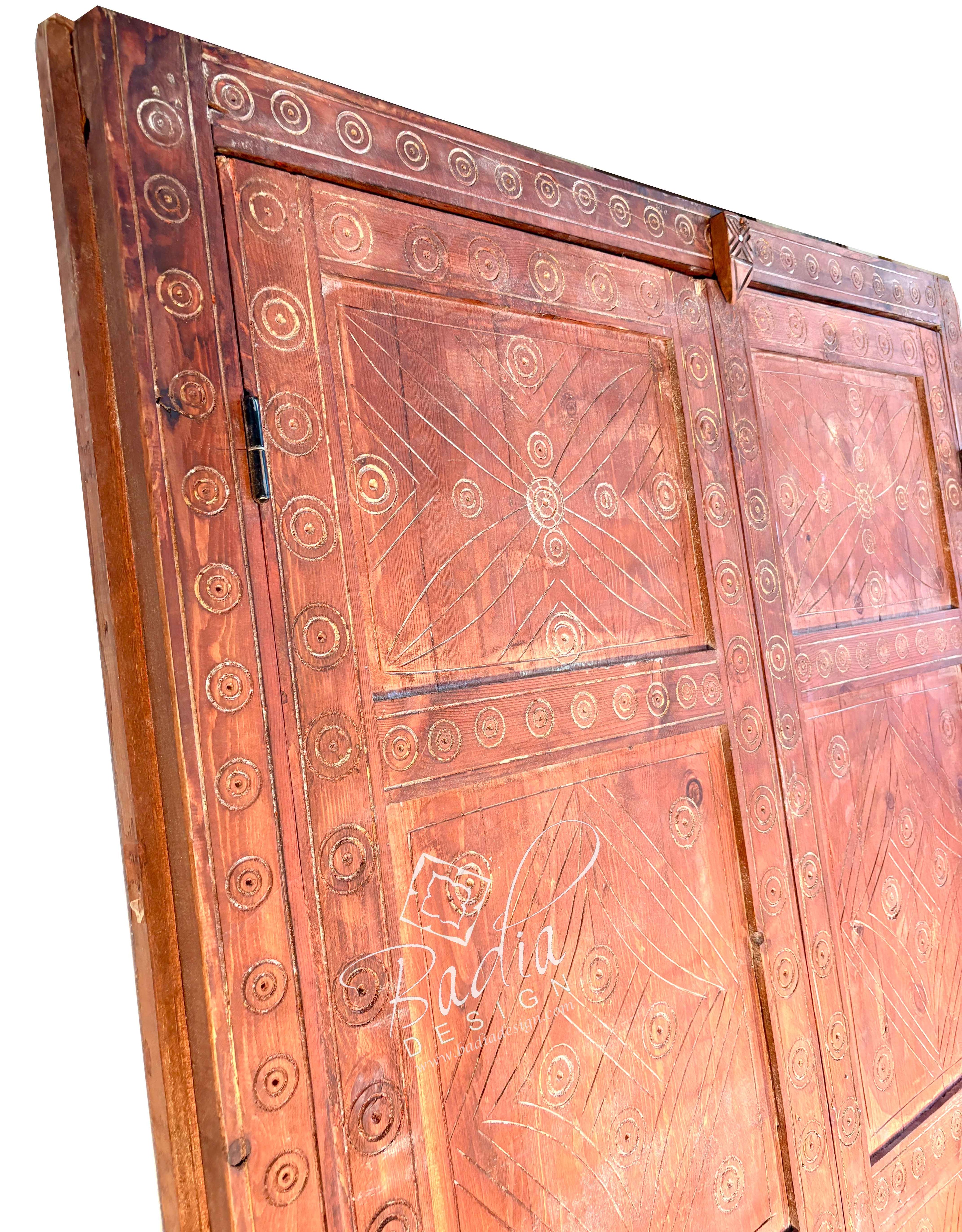 Hand Carved Wooden Double Door with Geometric Detail
