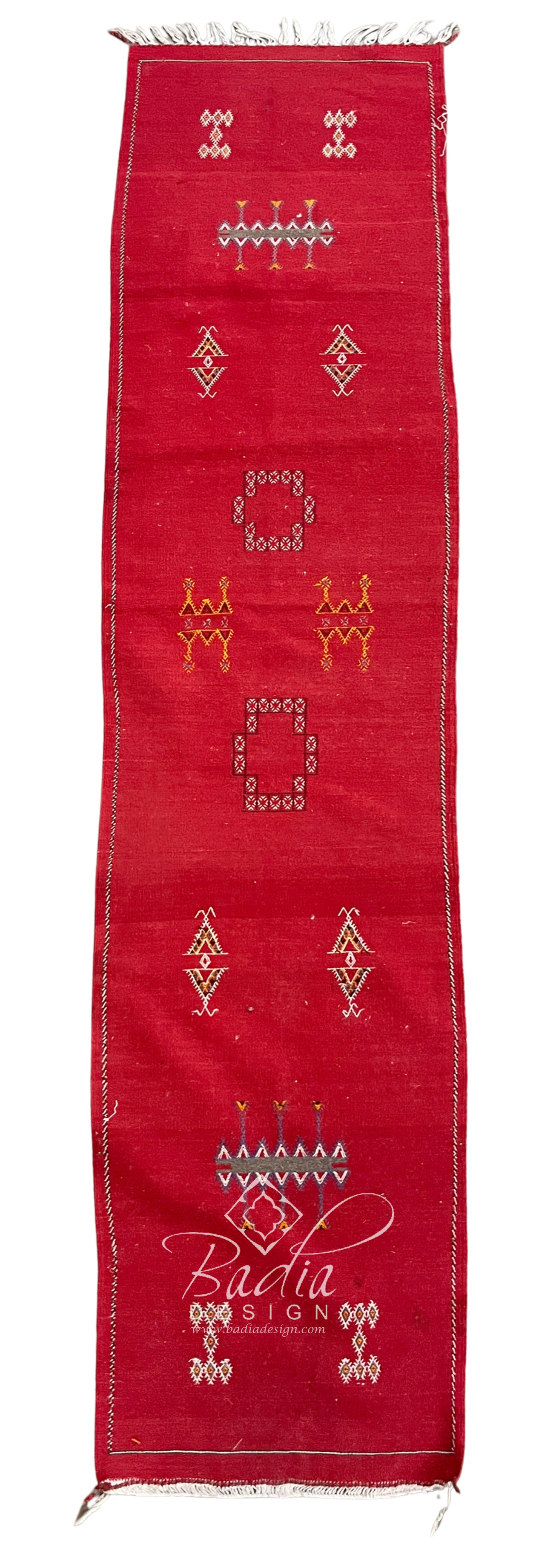 Deep Red Moroccan Runner Rug with Tribal Motifs