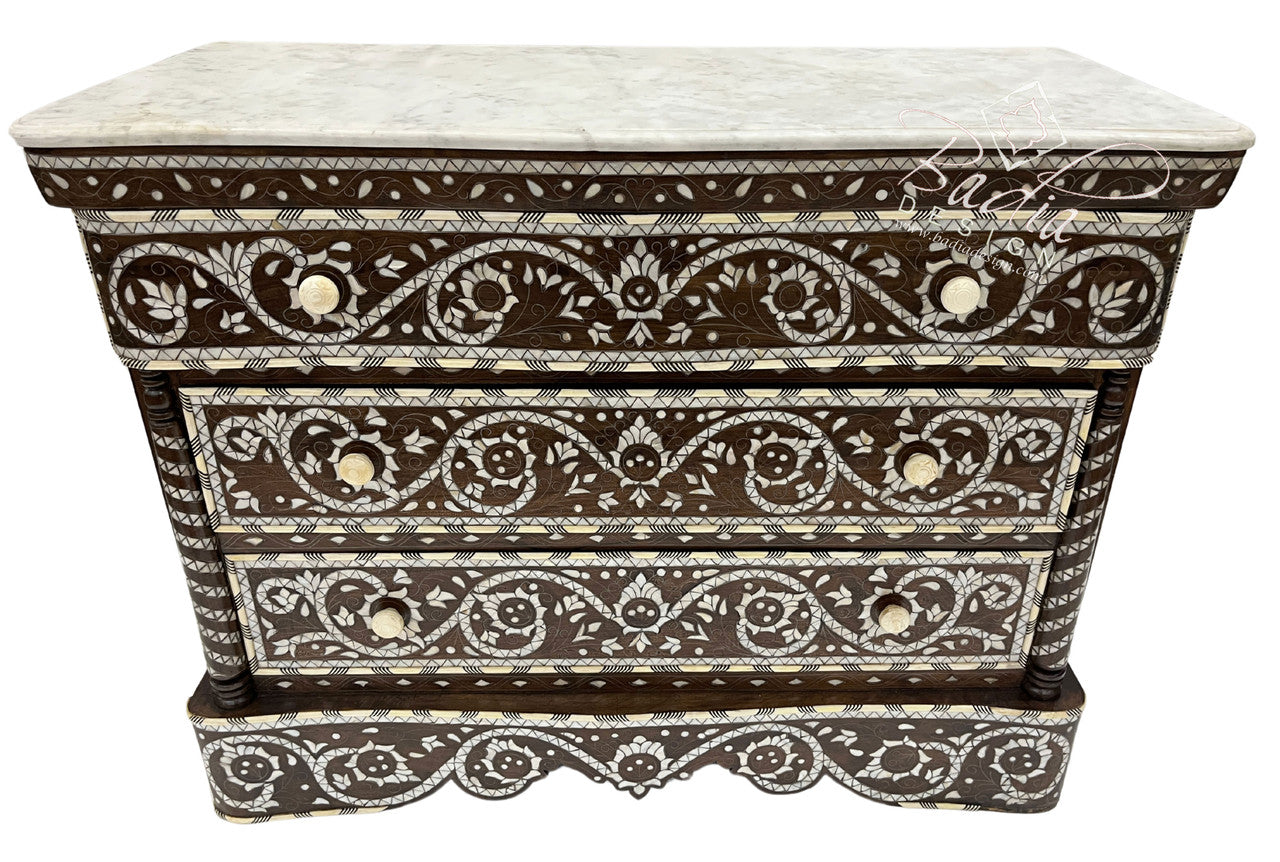 White Mother of Pearl Inlay Dresser with Marble Top