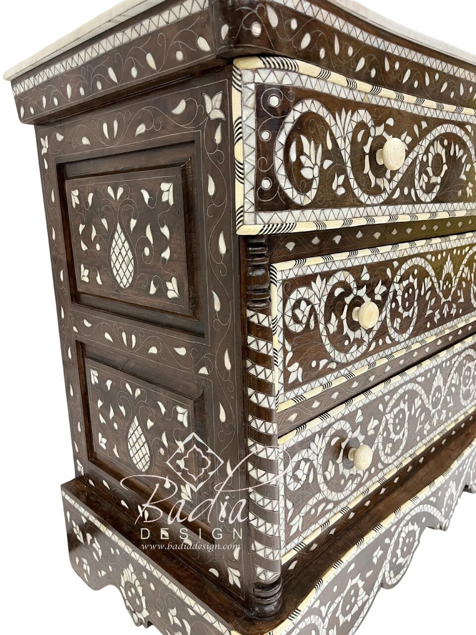 White Mother of Pearl Inlay Dresser with Marble Top