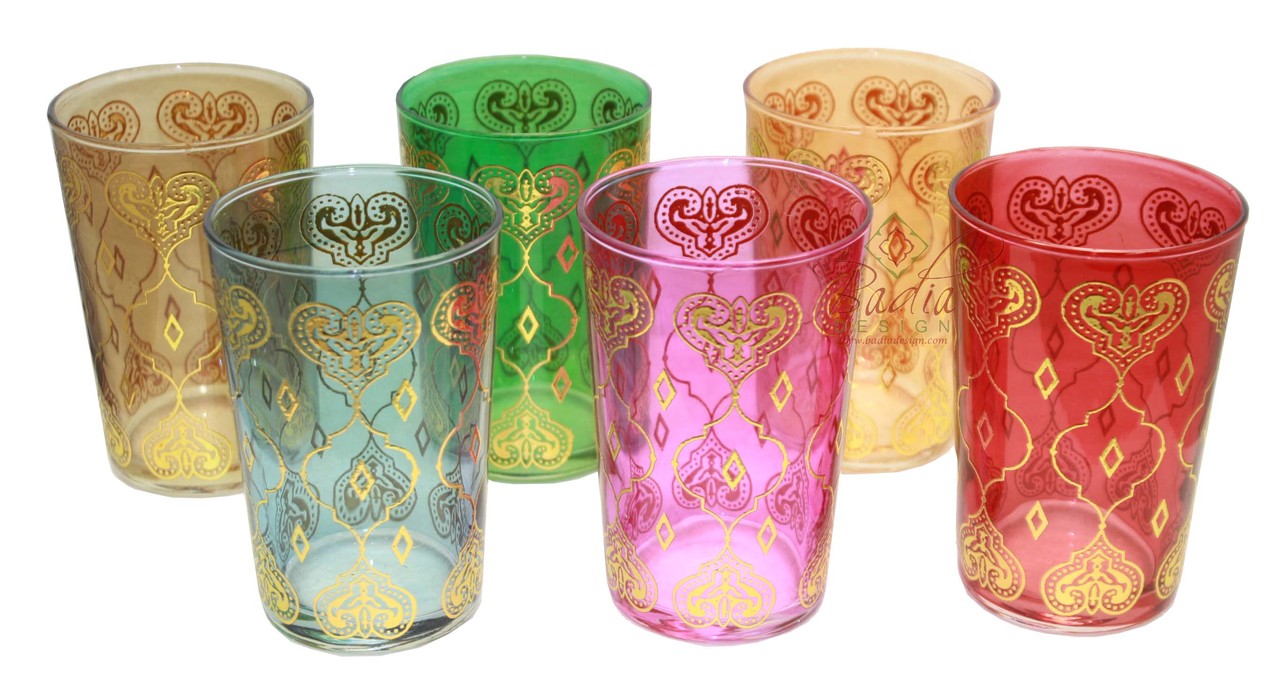 Multi Color Moroccan Gold Motif Teaglass Set - Pack of 6