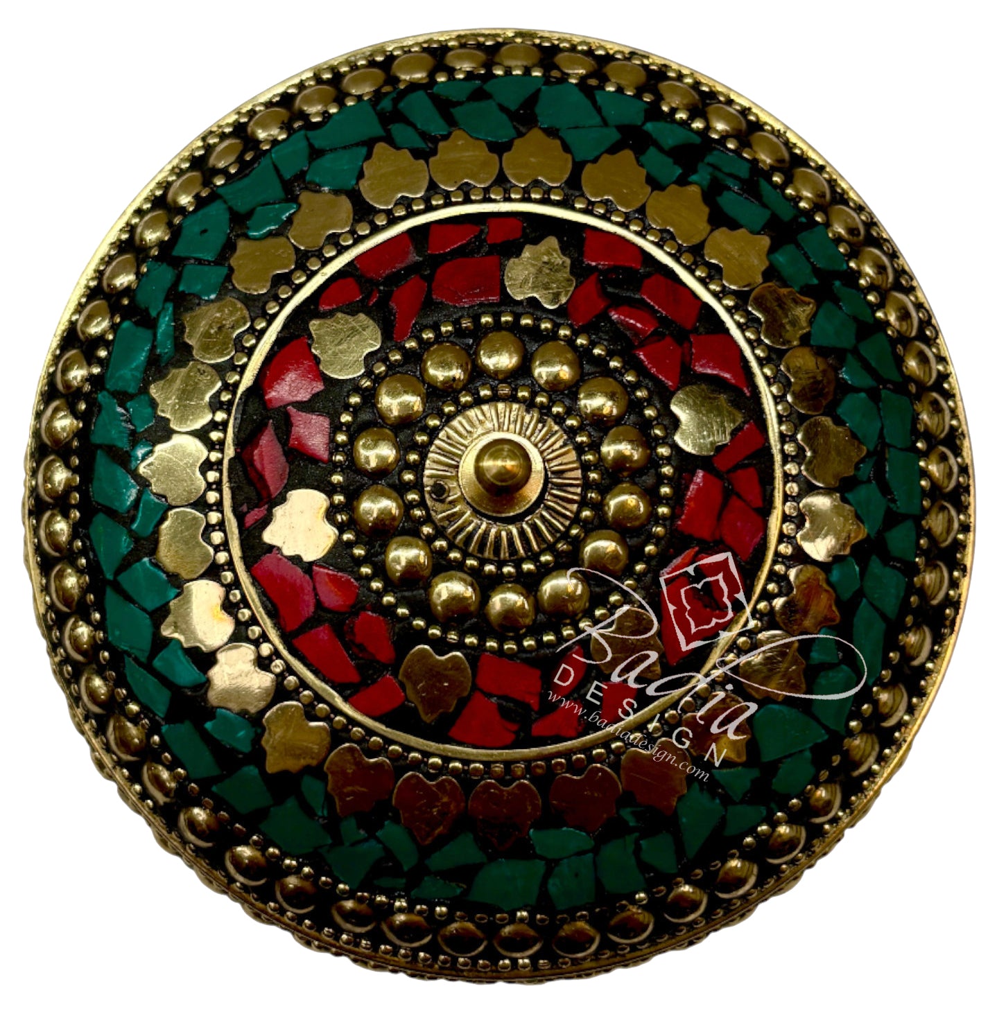 Top View Decorative circular object with gold, green, and red colors on a white background