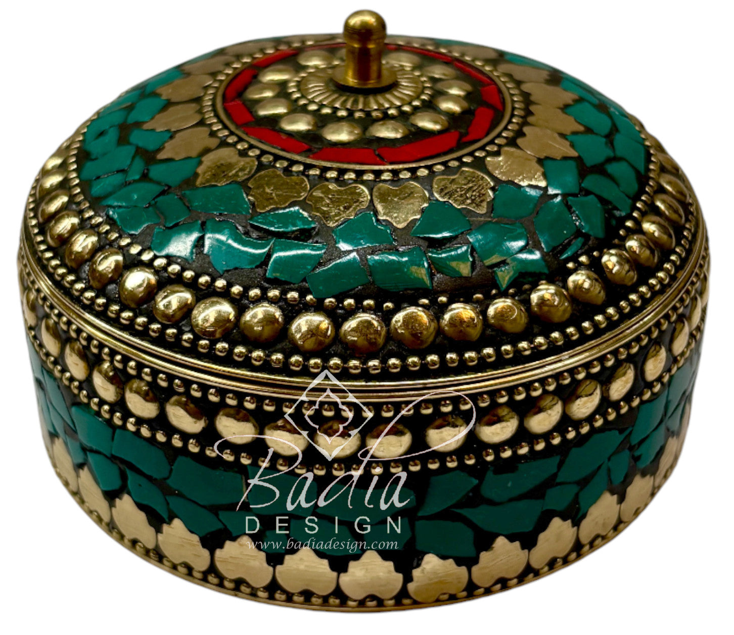 Green and Red Moroccan Resin Jewelry Box with Gold Accents