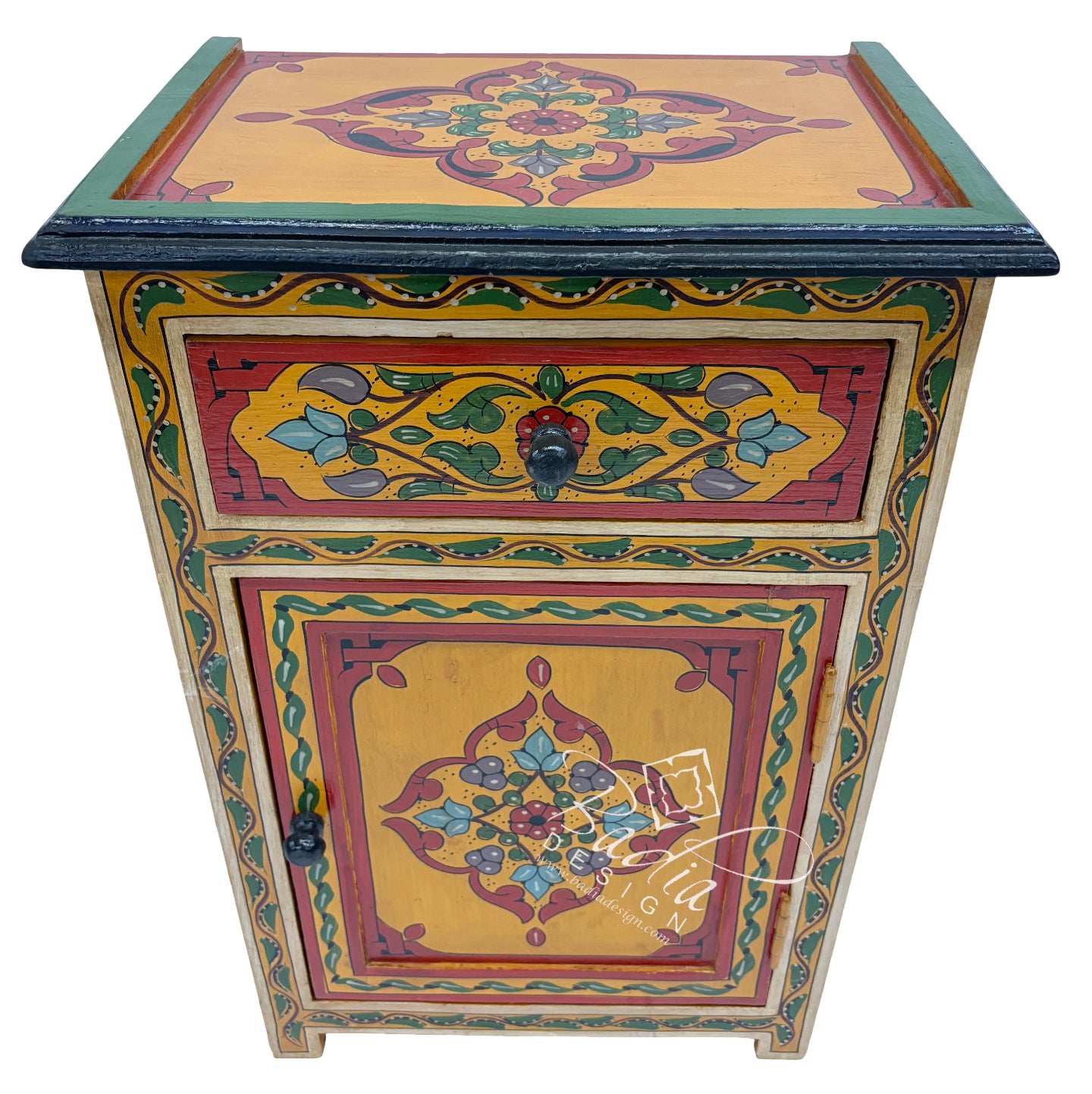 Moroccan Hand Painted Nightstand with Drawer and Cabinet