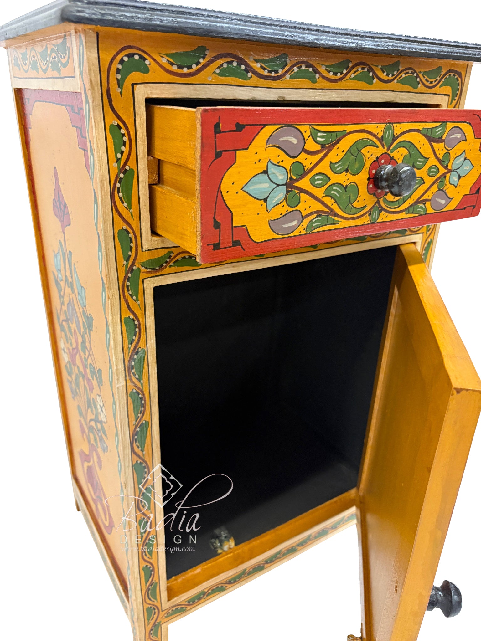 Decorative wooden cabinet with colorful floral patterns and a black interior.