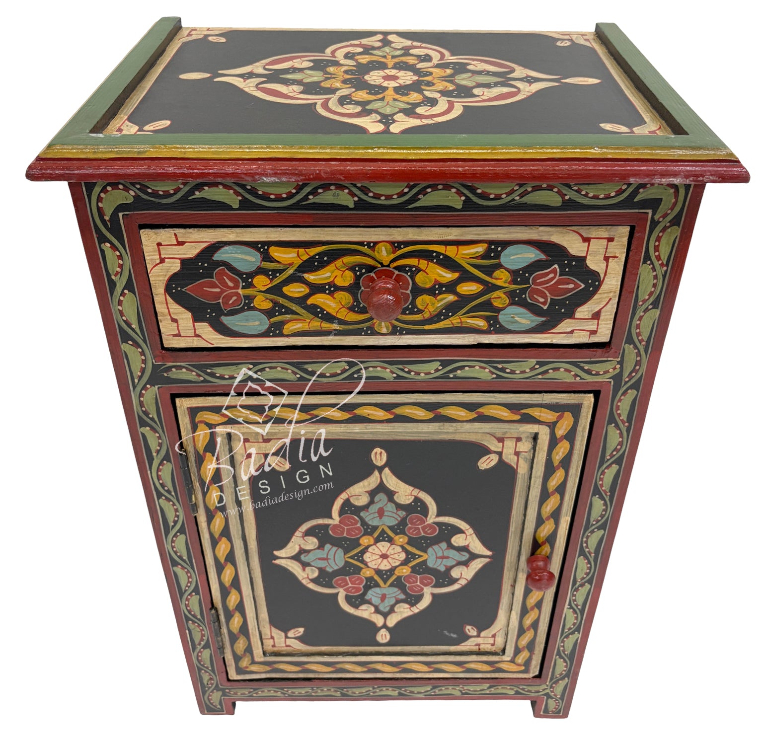 Decorative wooden side table with intricate patterns on a white background
