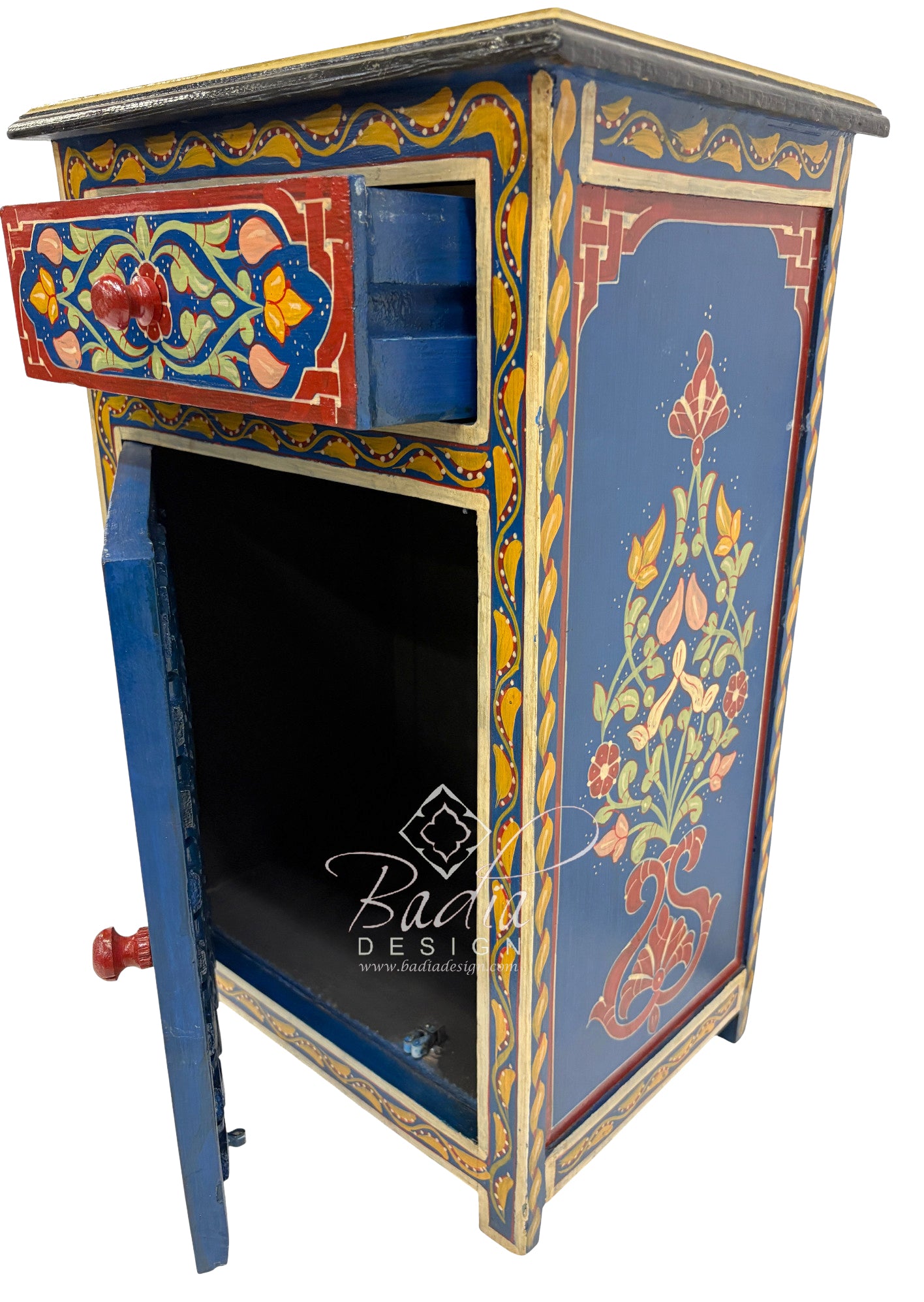 Decorative cabinet with floral patterns on a white background
