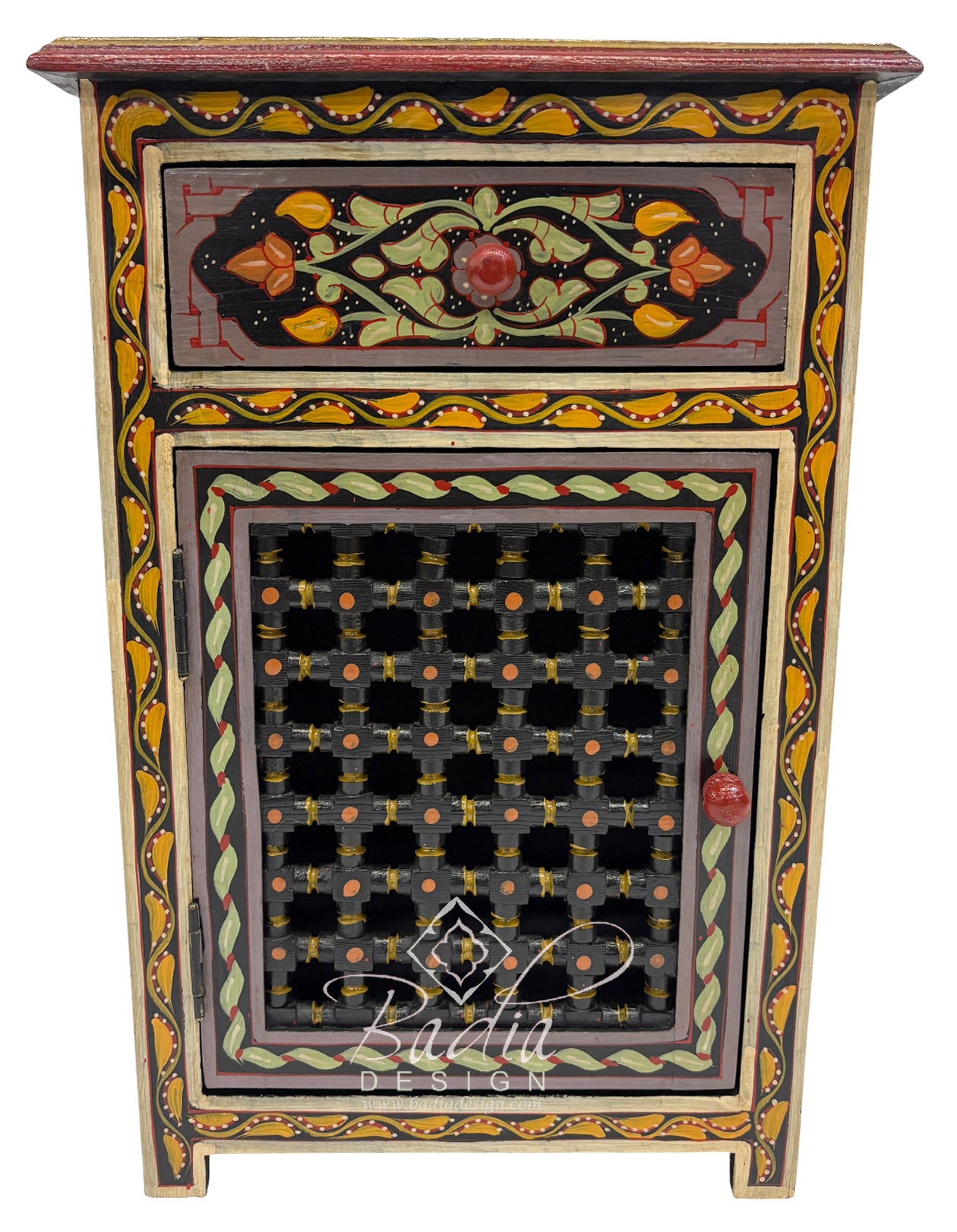 Decorative wooden cabinet with intricate patterns and colors on a white background