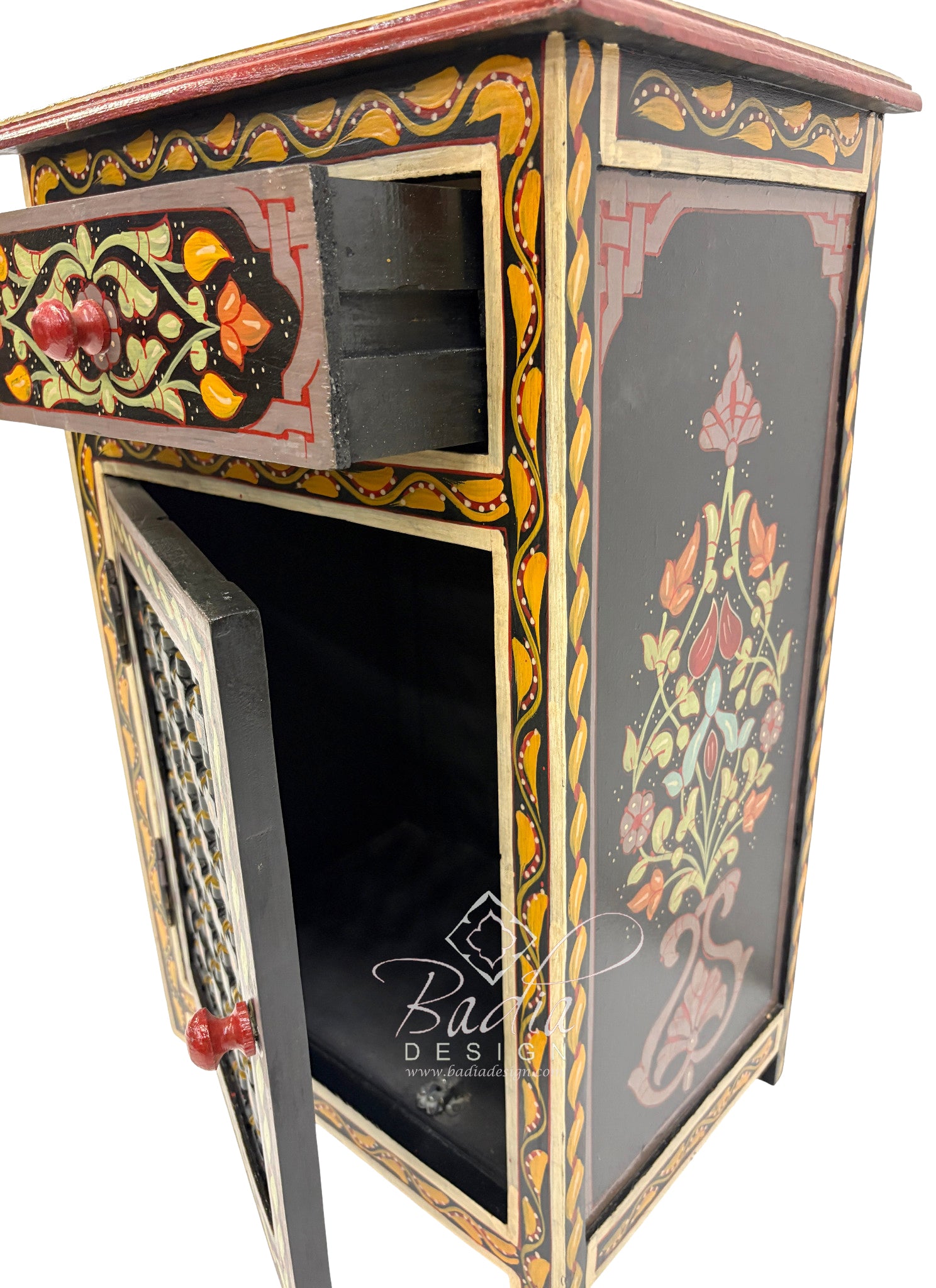 Decorative cabinet with floral patterns and a visible brand logo on a white background