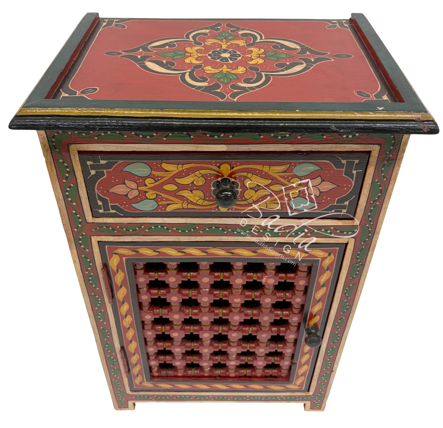 Decorative wooden side table with intricate patterns on a white background