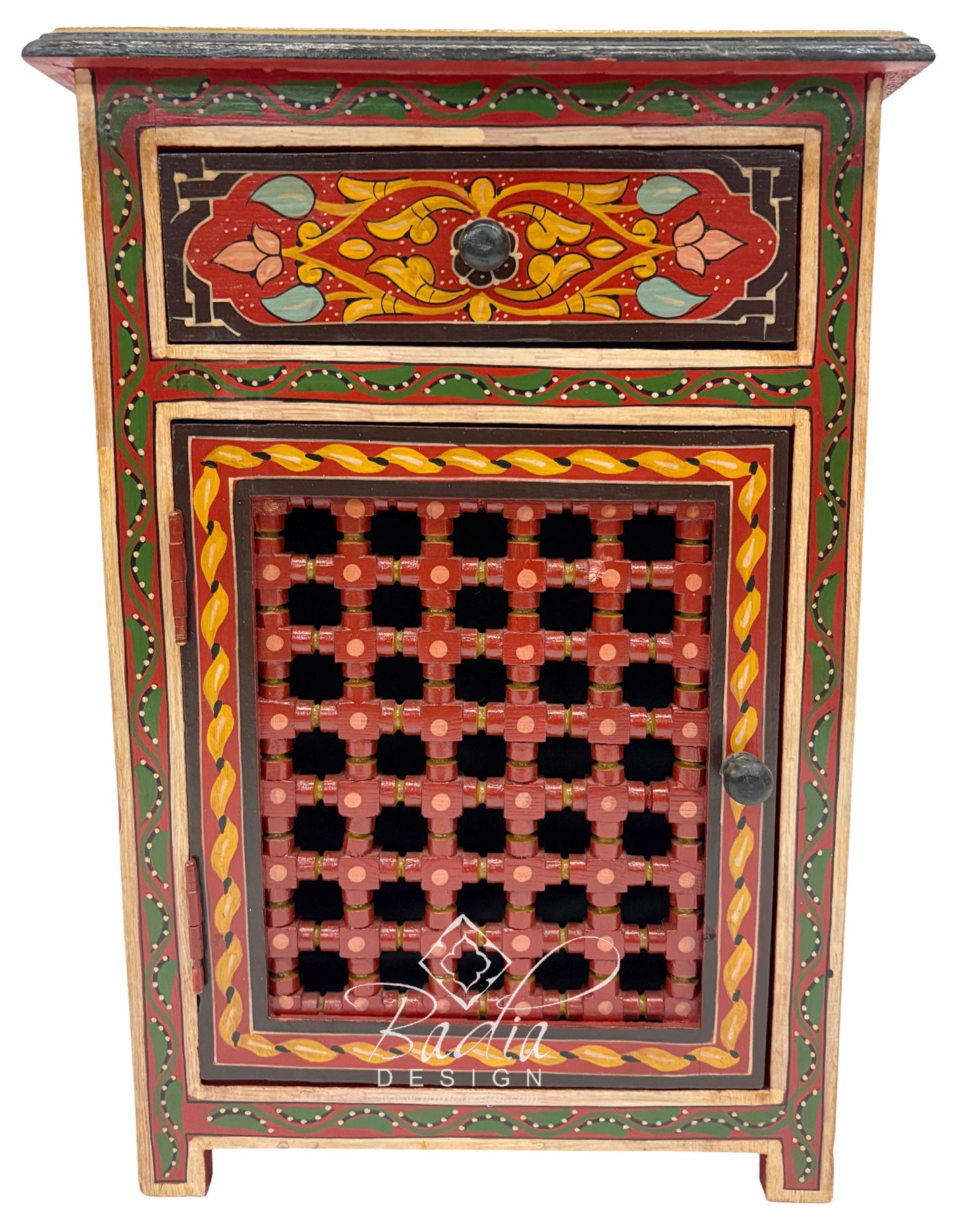 Decorative wooden cabinet with intricate patterns and colors on a white background