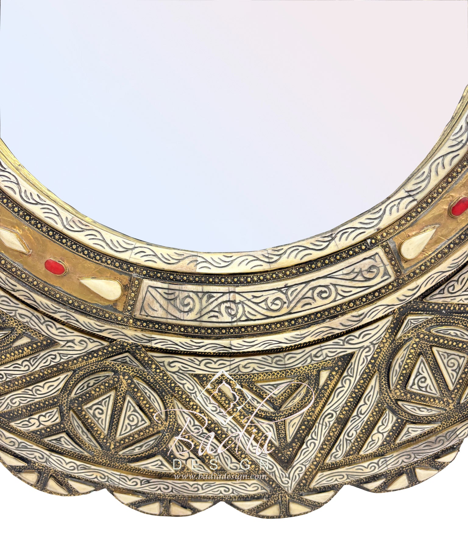 Round Moroccan Mirror with Metal and Bone Design