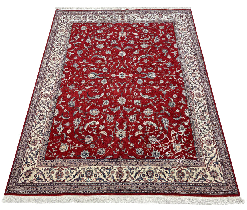 Deep Ruby Red Rug with Multi-Color Floral Motif Designs