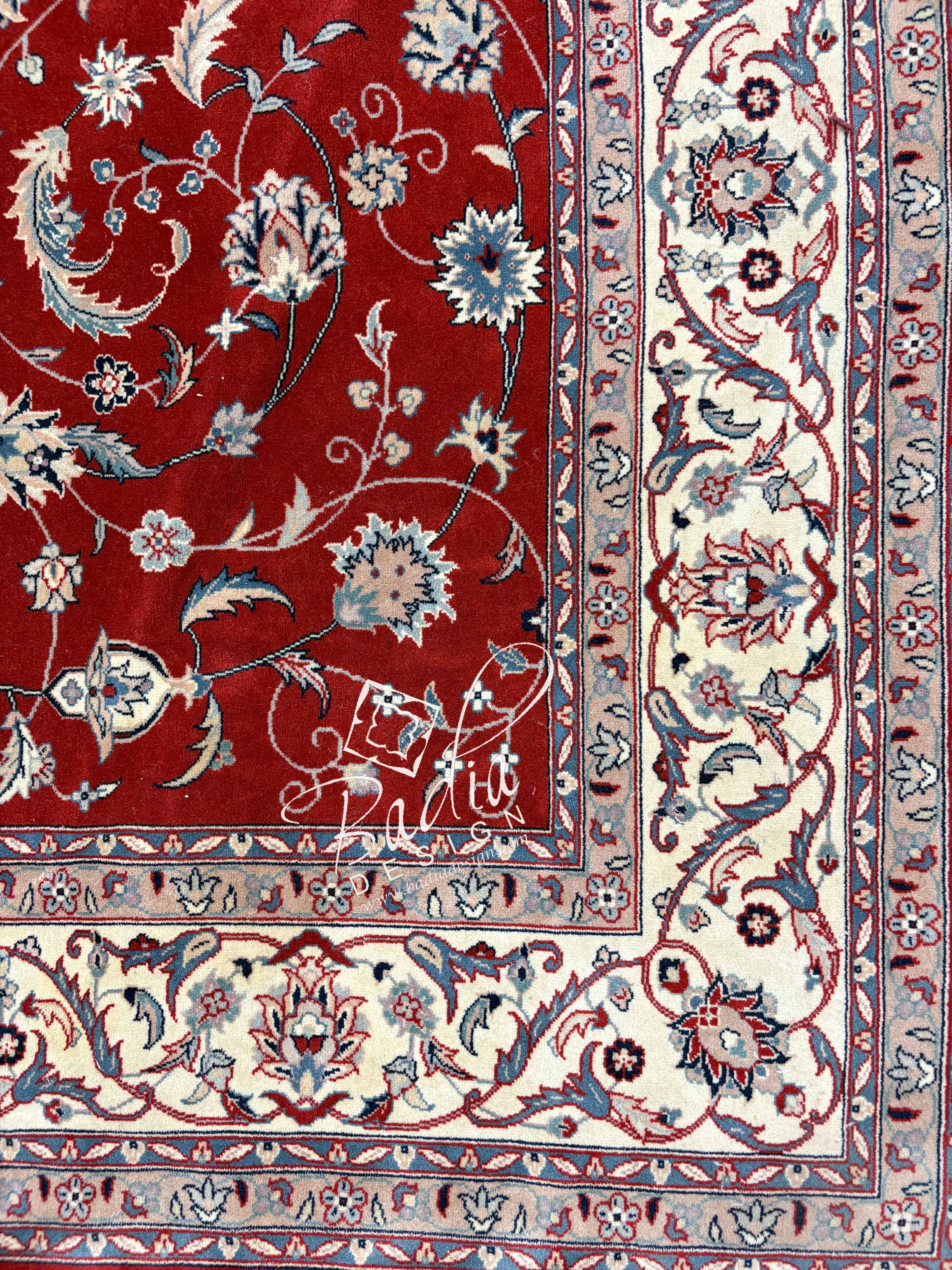 Deep Ruby Red Rug with Multi-Color Floral Motif Designs