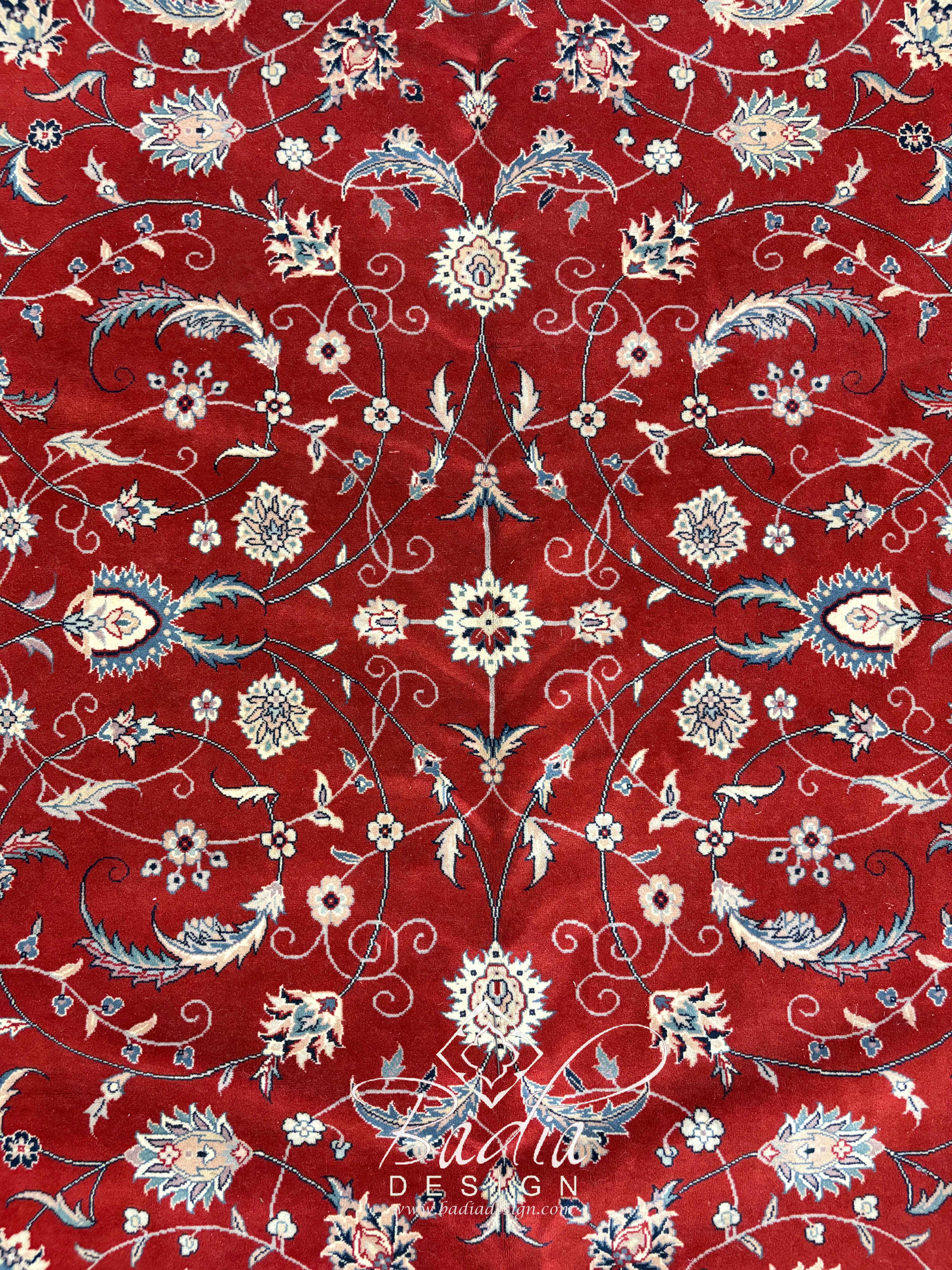 Deep Ruby Red Rug with Multi-Color Floral Motif Designs