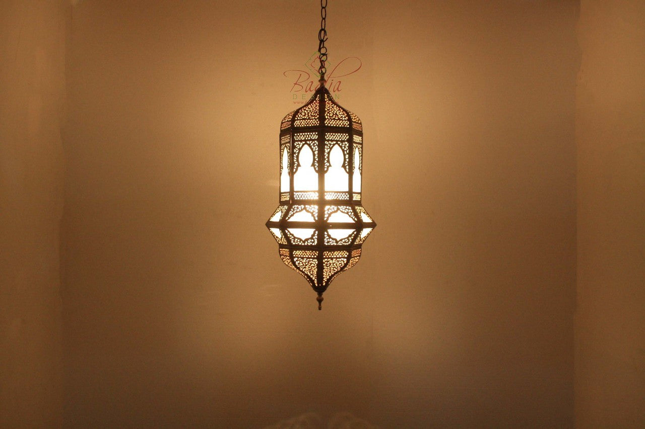 Hanging Brass Lantern with White Glass