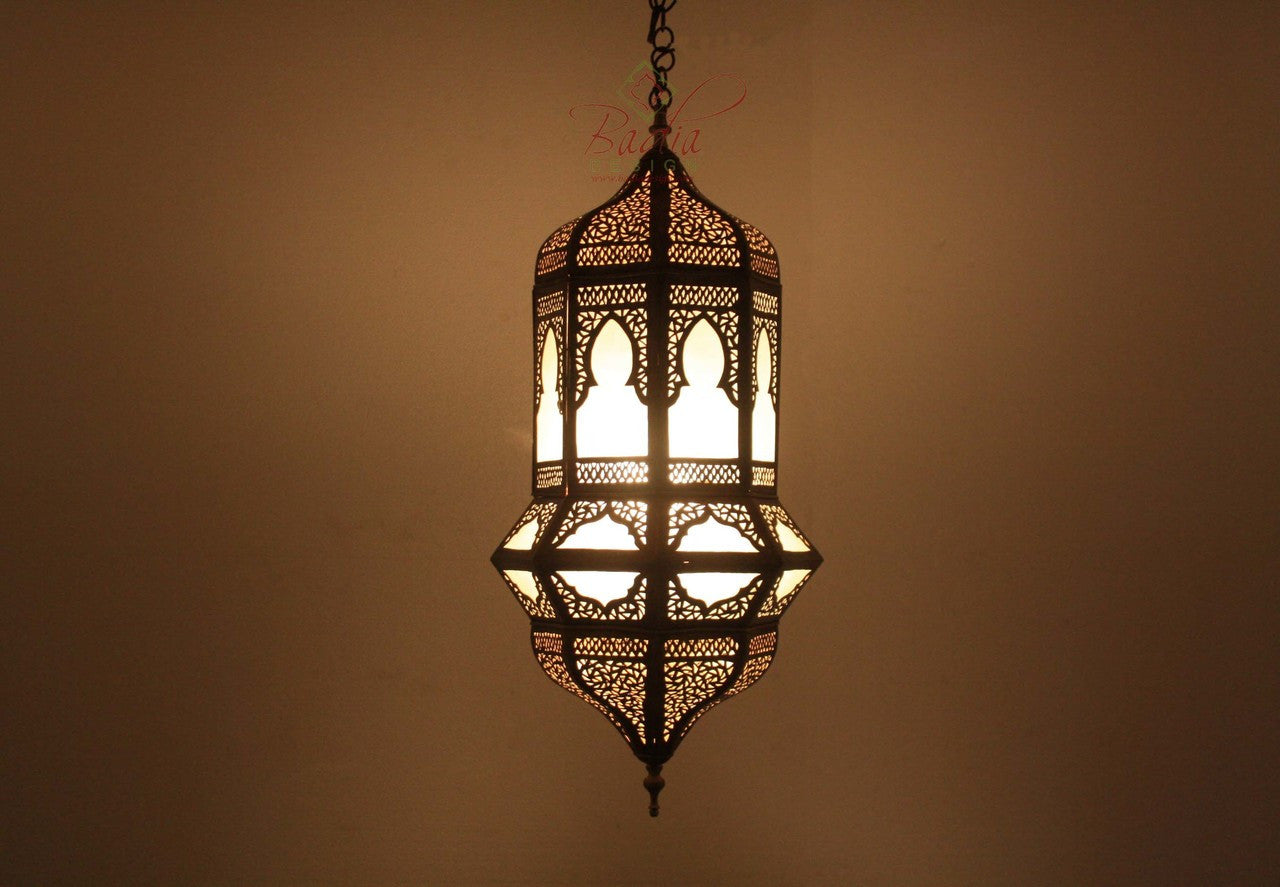 Hanging Brass Lantern with White Glass