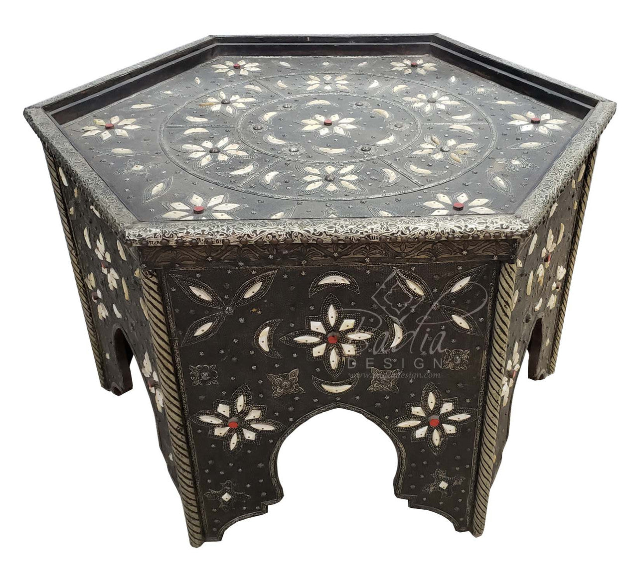 Hexagon Embossed Metal and Bone Inlay Table