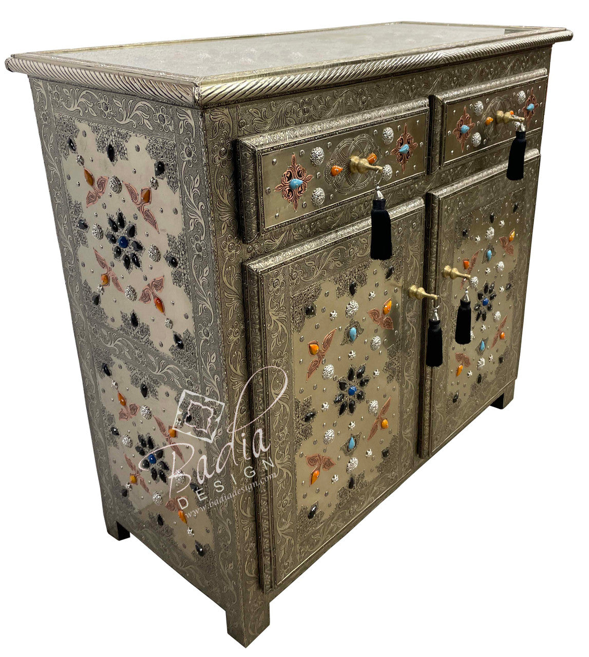 Embossed Metal and Bone Inlay Cabinet