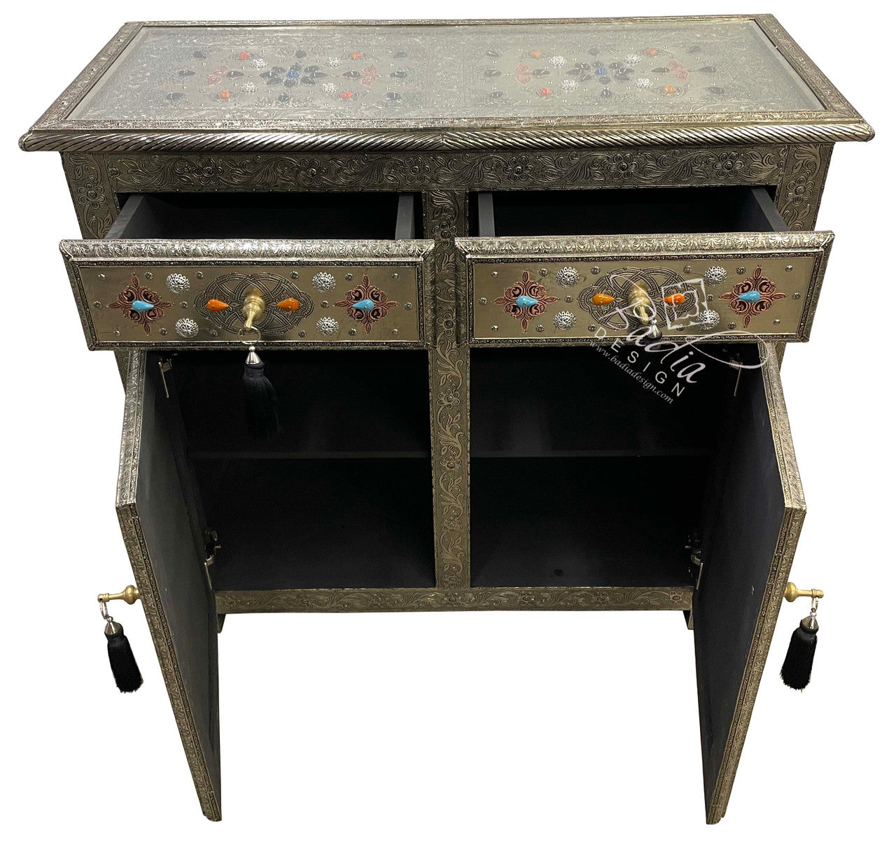Embossed Metal and Bone Inlay Cabinet