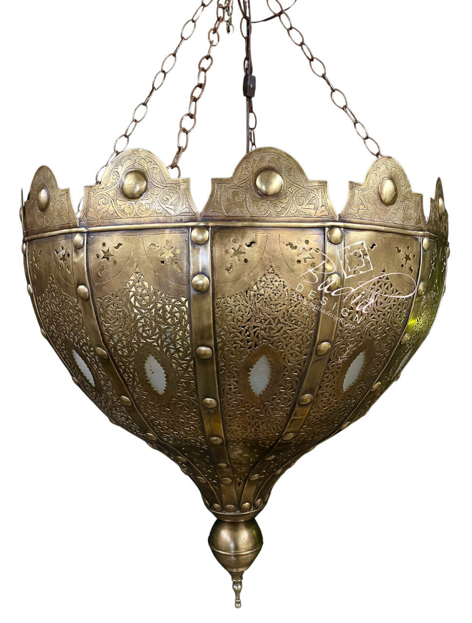 Intricately Designed Brass Chandelier with White Glass Eyelets