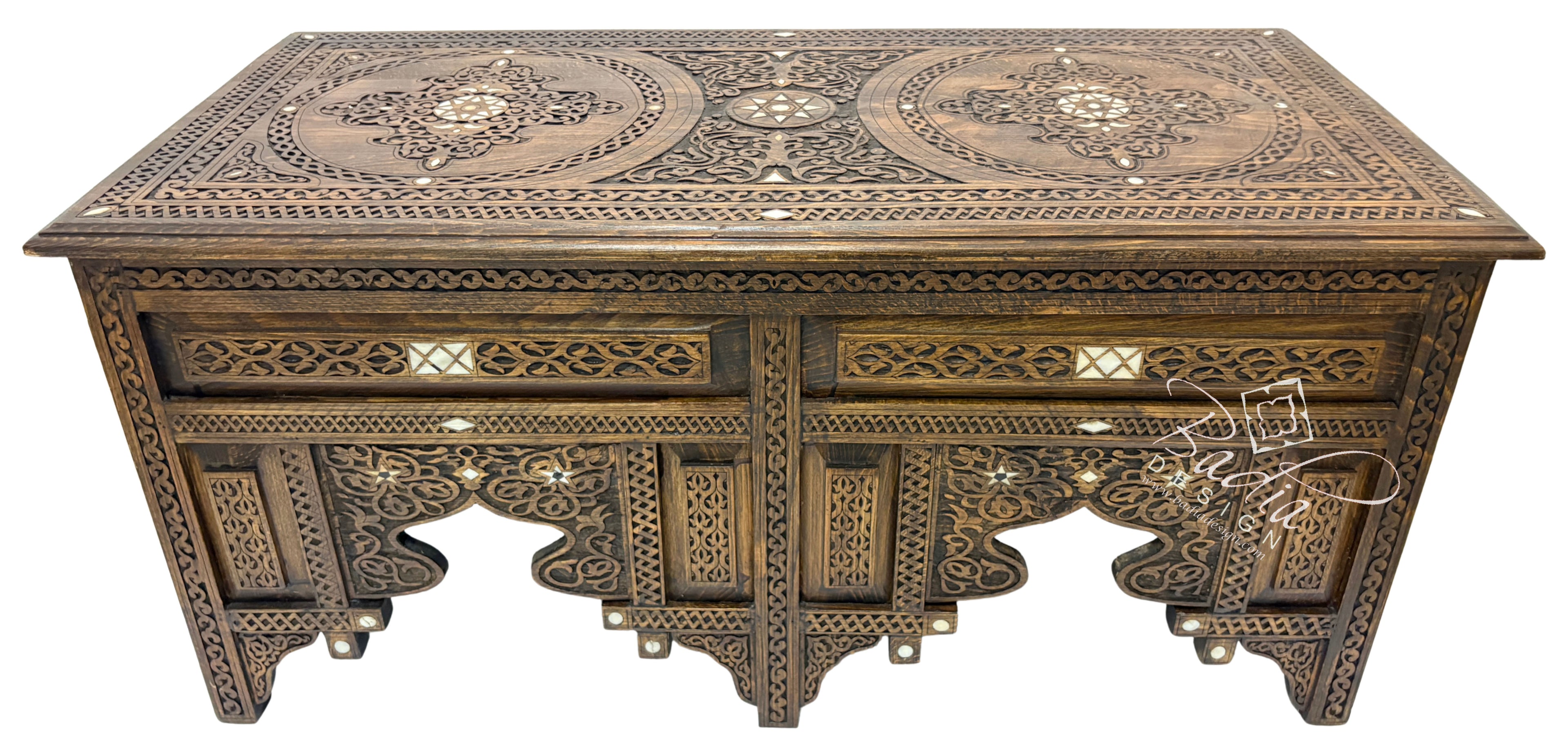 Handcrafted Mother of Pearl Inlay Carved Wooden Coffee Table