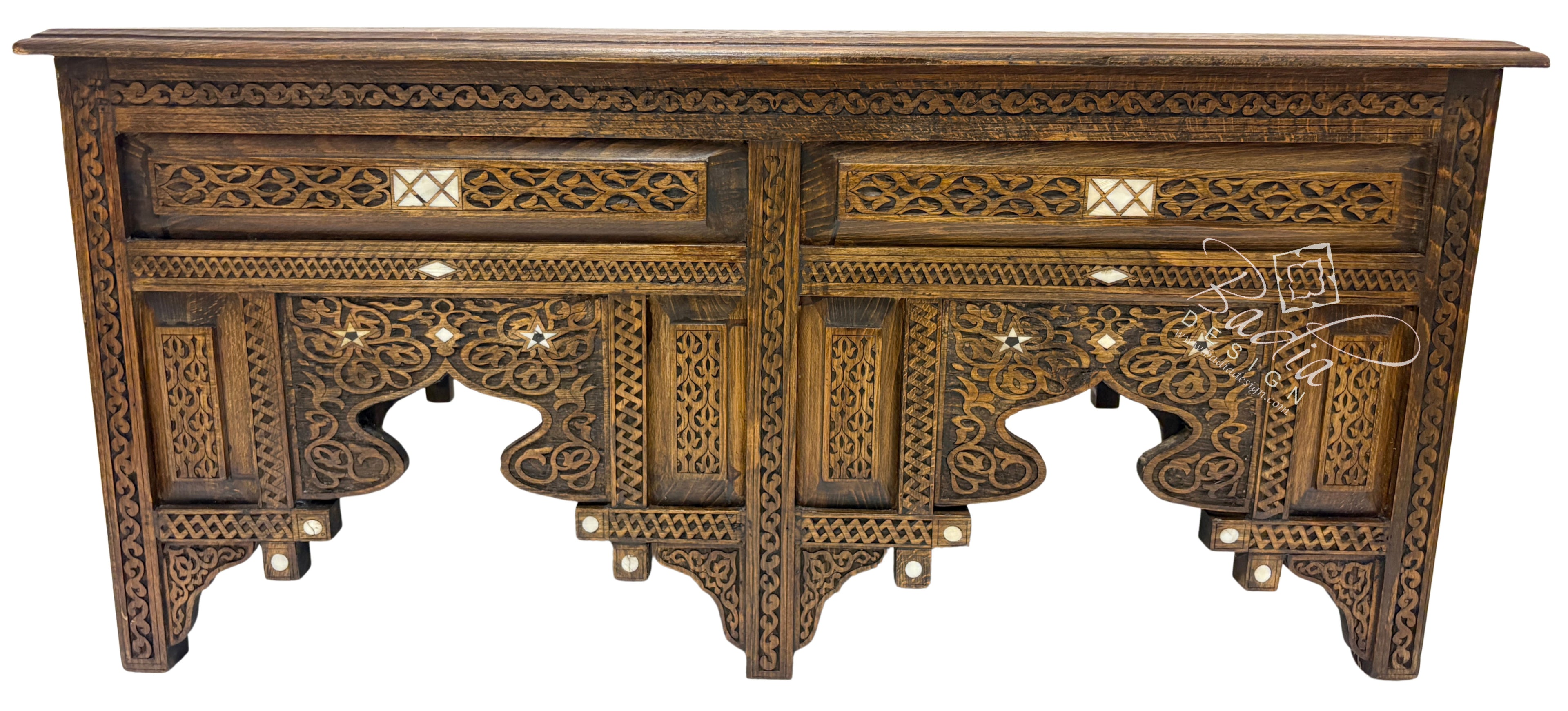 Handcrafted Mother of Pearl Inlay Carved Wooden Coffee Table