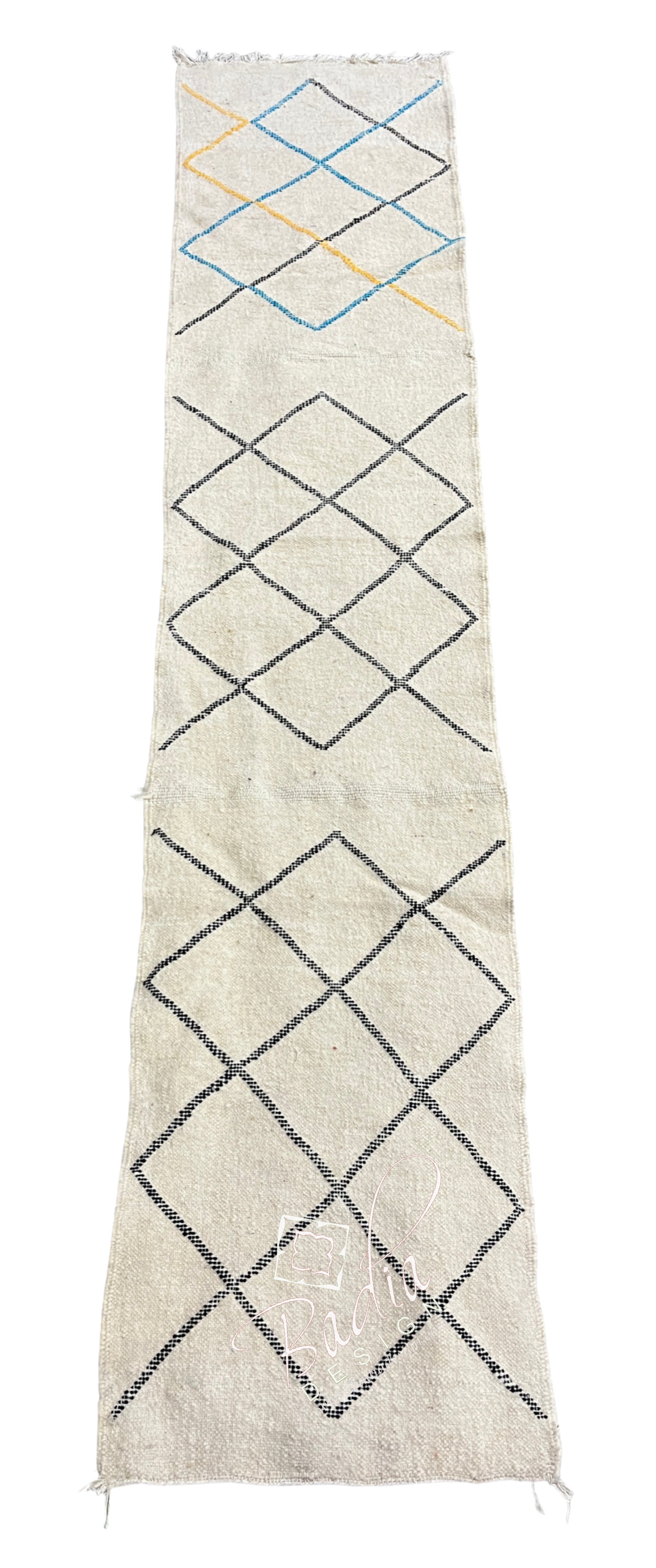 Ivory Moroccan Runner Rug with Black Diamond Pattern