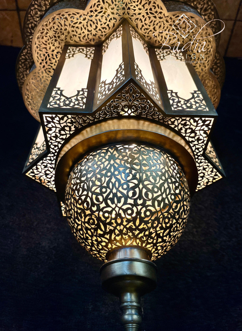 Large Brass Chandelier with White Glass