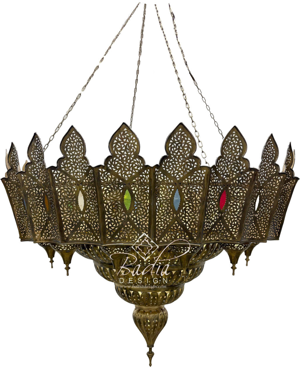 Large Brass Chandelier with Multi-Color Glass Eyelets