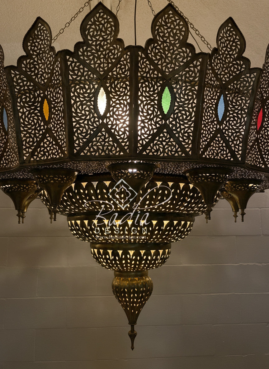 Large Brass Chandelier with Multi-Color Glass Eyelets