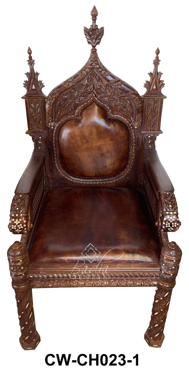 Large Stained Hand Carved Wooden Chair with Bone Inlay