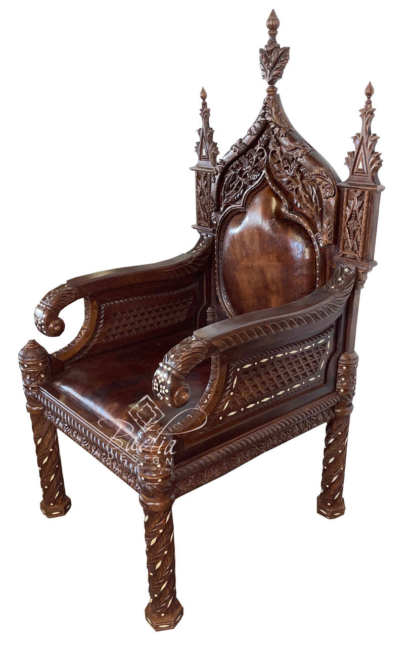 Large Stained Hand Carved Wooden Chair with Bone Inlay