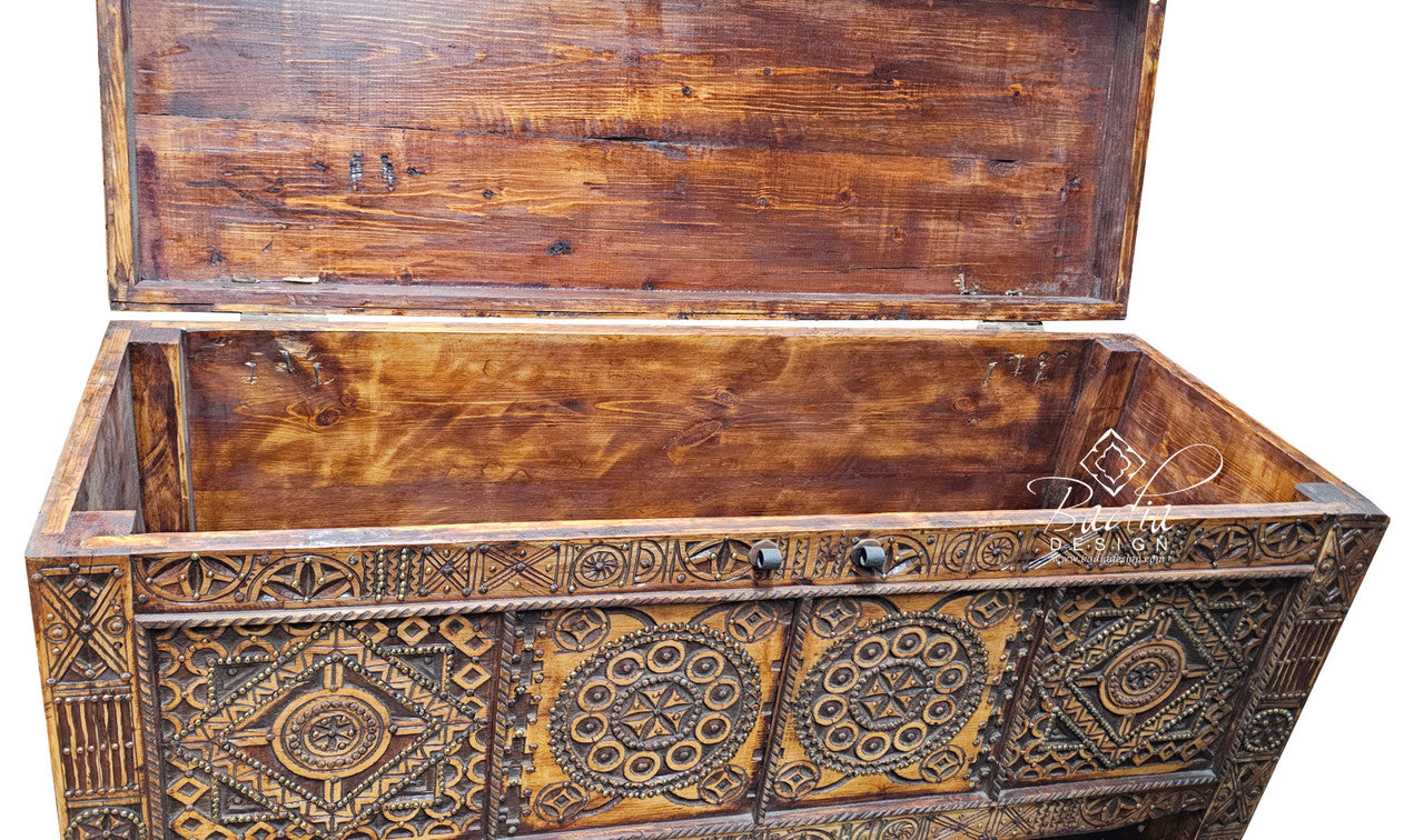 Copper Studded Hand Carved Cedar Trunk