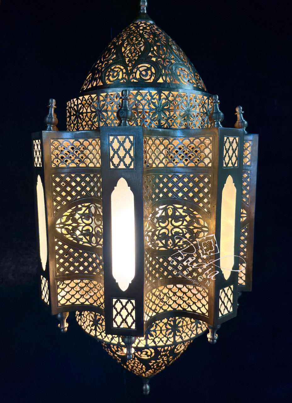 Handcrafted Brass Chandelier with White Glass Panels