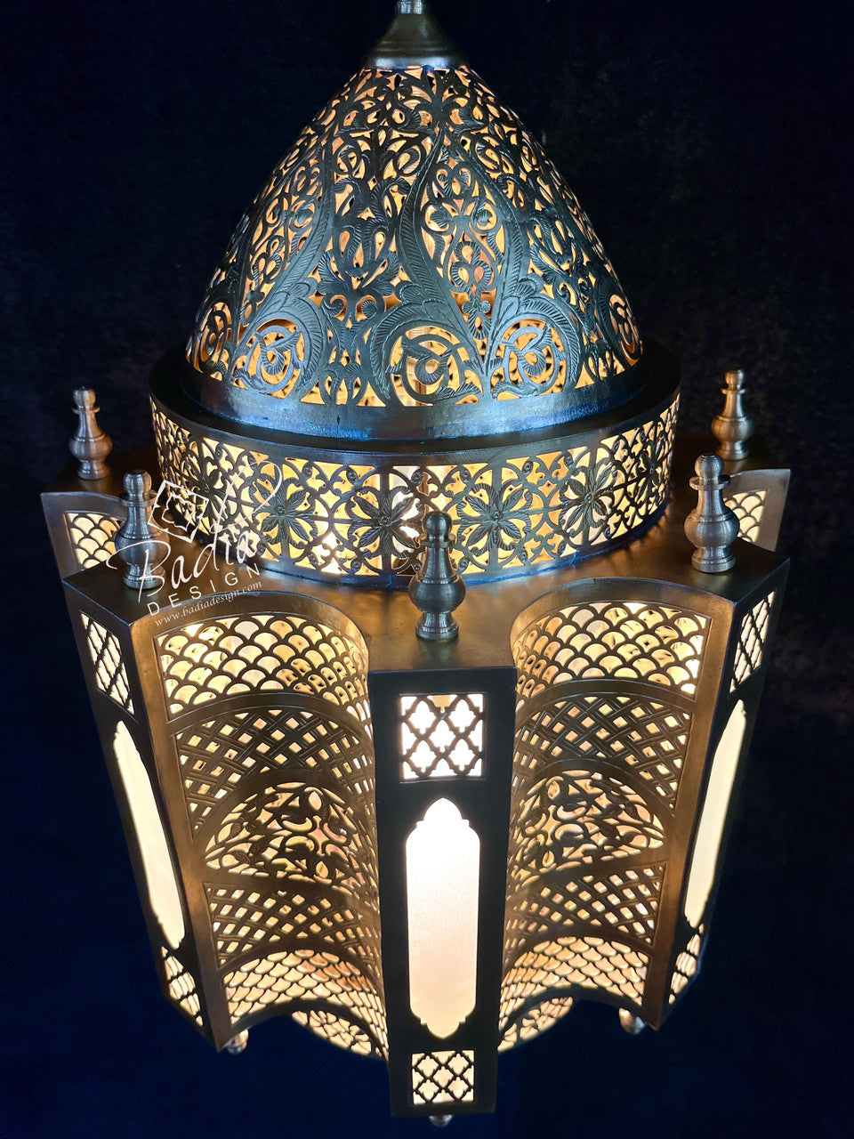 Handcrafted Brass Chandelier with White Glass Panels